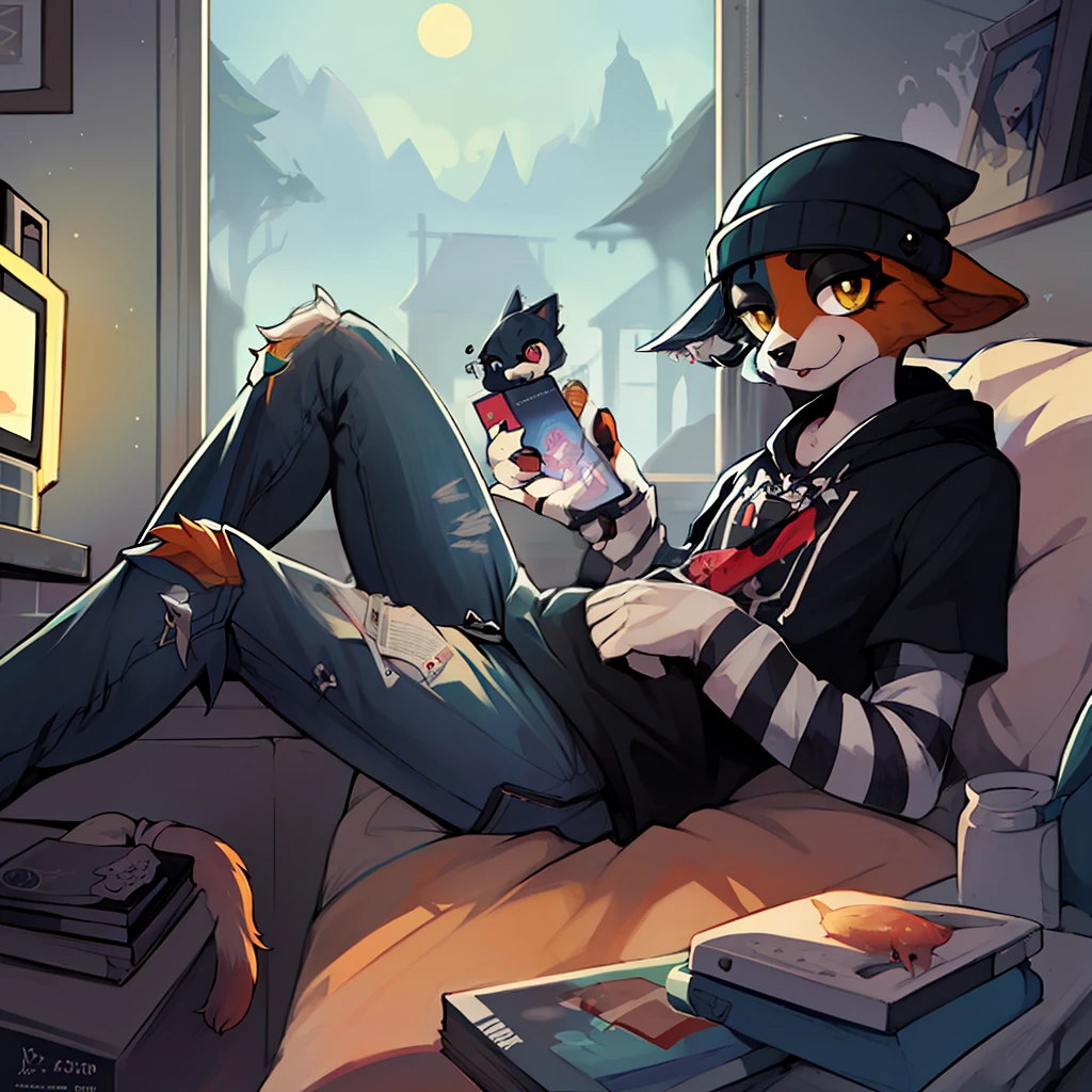 anime character sitting on a bed eating a fish, relaxing after a hard day, furry art, anthro art, furry artist, fursona wearing stylish clothes, commission art, commission for high res, video game fanart, Meowskulls commission, published art, fursona art, gamer aesthetic, anthro cat, high quality fanart, Meowskulls , best quality, highly detailed, perfect lighting