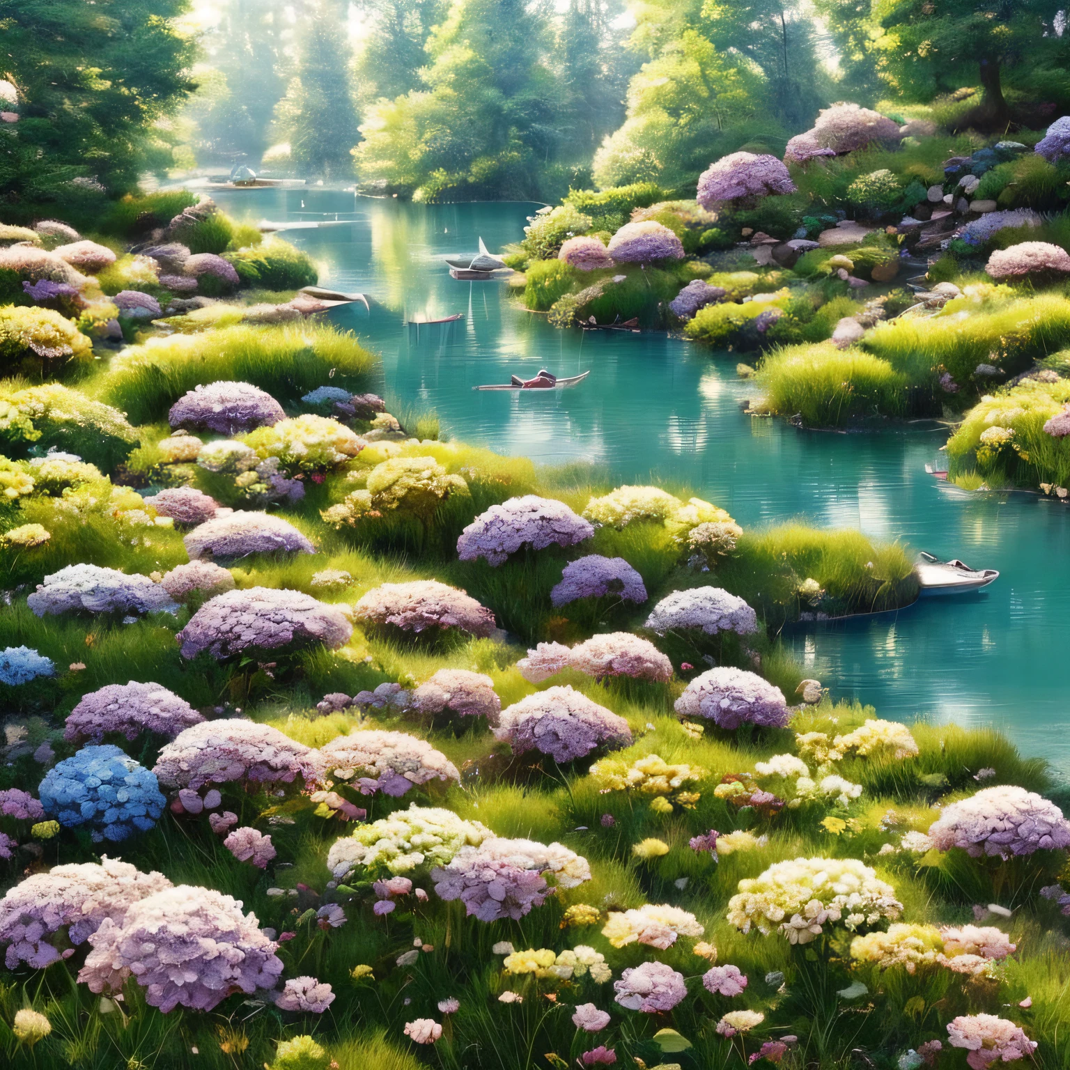 Hydrangeas, park, lake, small hill, pebble path, masterpiece, best quality, anatomically correct, high details, 8K, wallpaper --auto