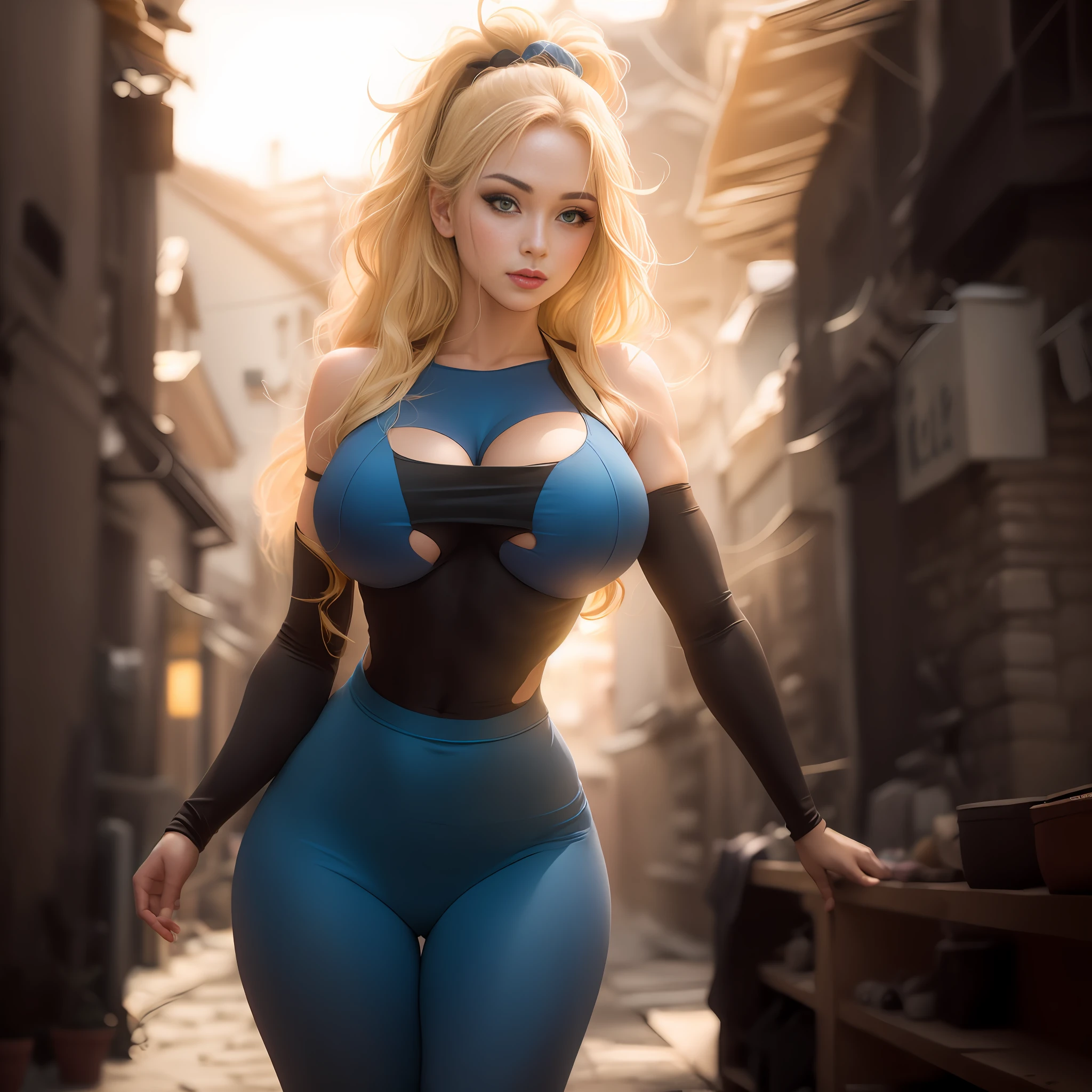 Blonde woman in blue pantyhose posing in an alley, menina saiyajin, Android 18, Corpo Perfeito, Deusa loira, thicc, traje apertado, Menina anime na vida real, Garota sexy, menina android perfeita, corpo perfeito fotorrealista, corpo sexy, modelo fitness, character is in her natural pose, menina em forma, cosplay completo, roupa apertada