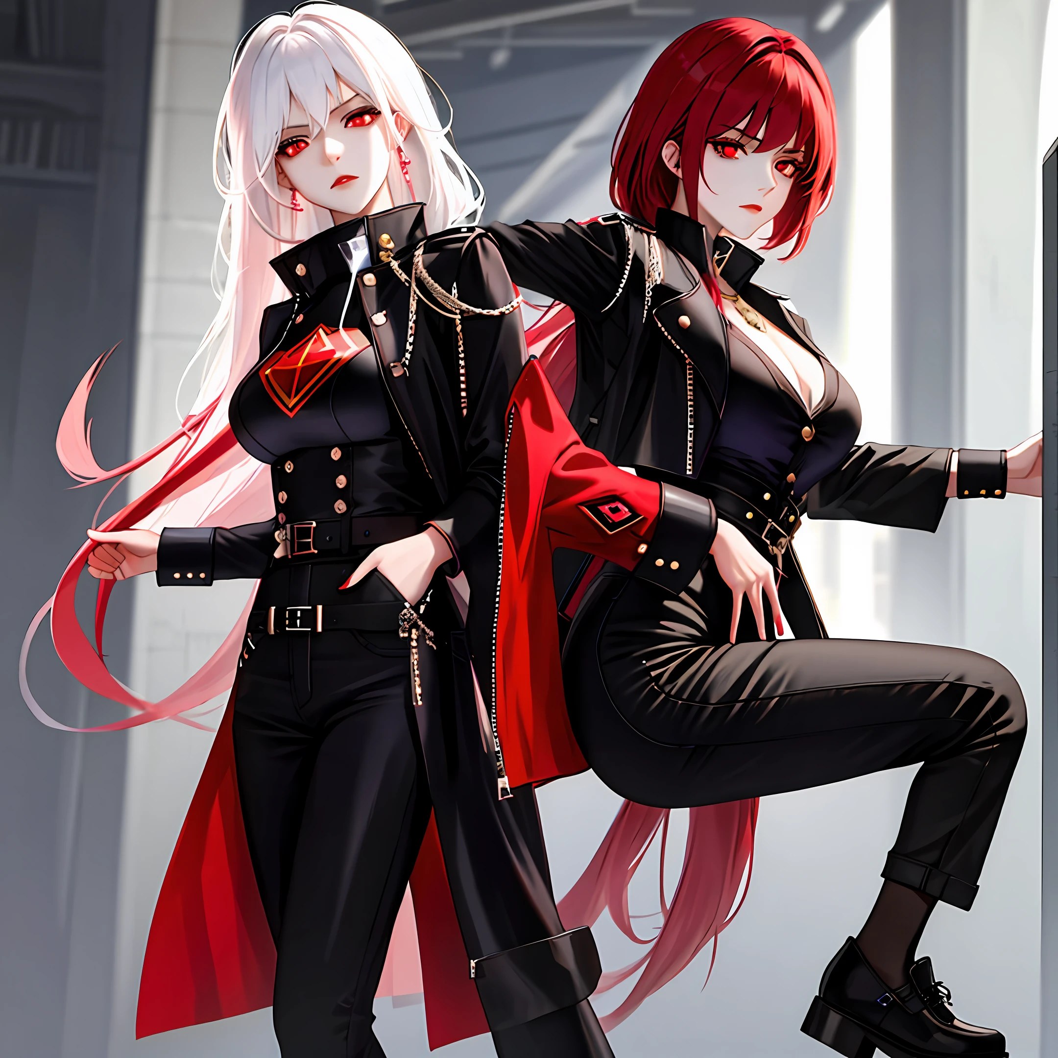 quadratic element,Long white hair with red dye,black lence stockings,Black leather shoes,shorter pants,Indifferent expression,Red eyes,Colorful eyes,Lateral face,A girl,The coat is white,black glove,Medium breasts