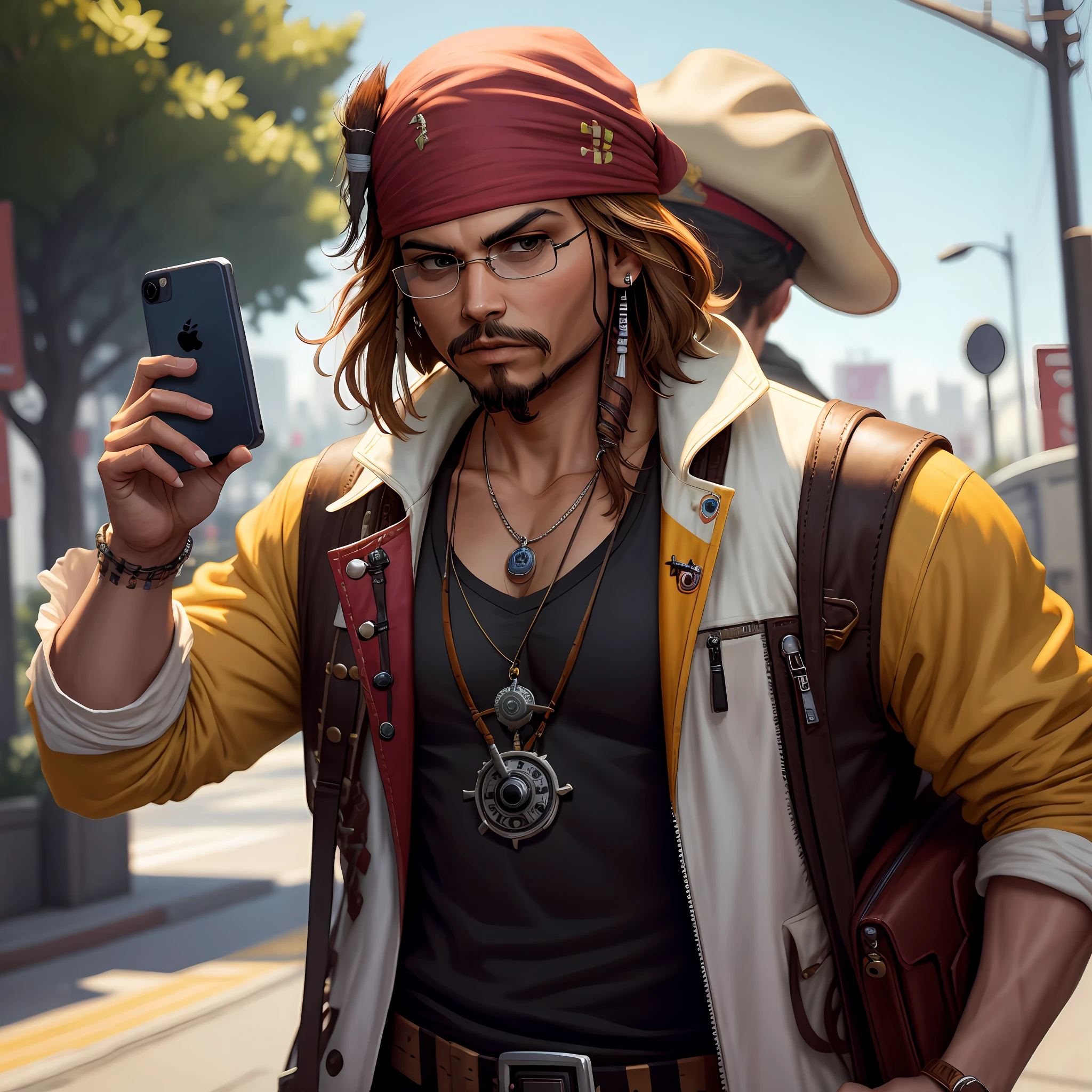 gta v style of Jack Sparrow looking at the camera holding an Apple cell phone