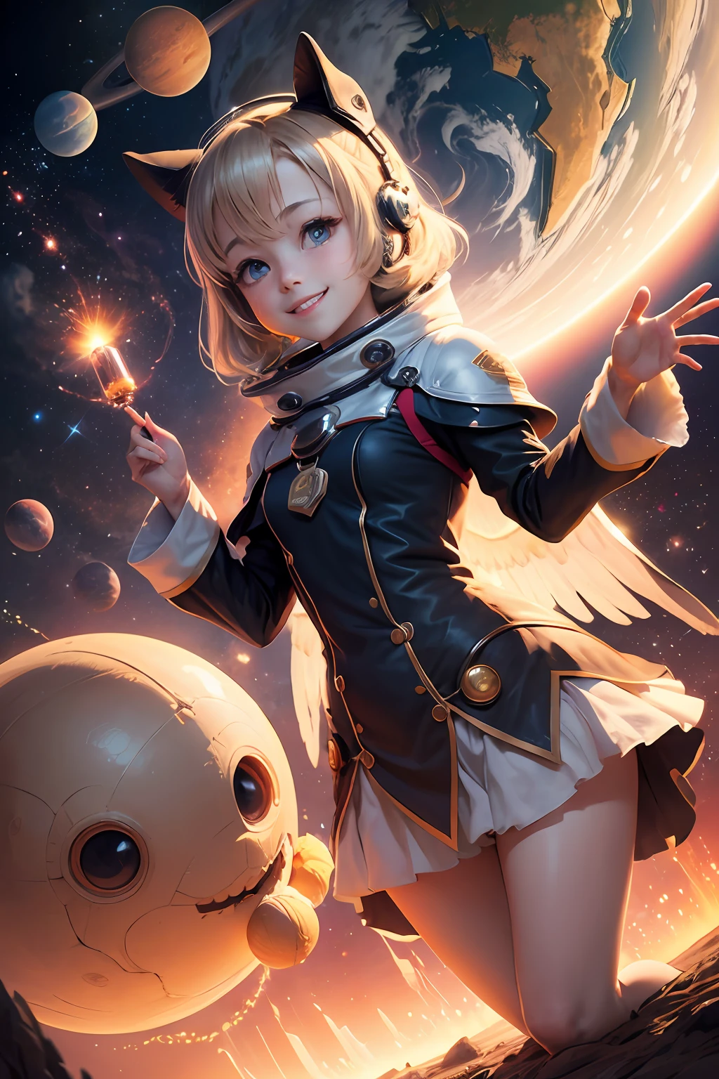 Play in space、A smile、A delightful、angelicales、Mystical、Shines、optic、planetes、planet earth、heart mark、high-level image quality 、appreciate, --auto