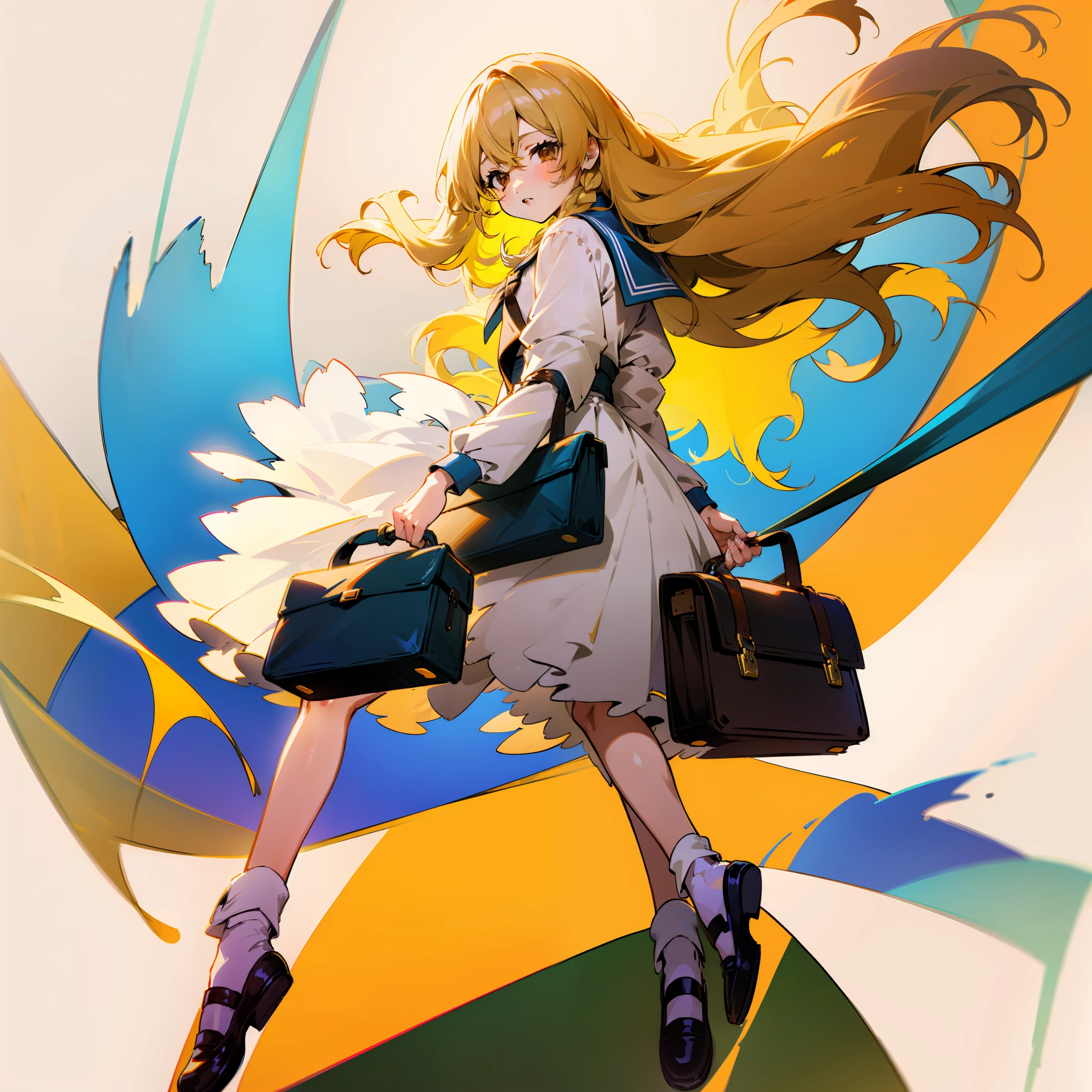 Description of a young woman with long blue hair holding a briefcase, 1 girl, solo, Marisa Kirisame, school uniform, Gohei, skirt, shoes, Serafuku, socks, Mary Janes, school background, different costume, long sleeves, blonde hair, full body, looking at viewer, long hair