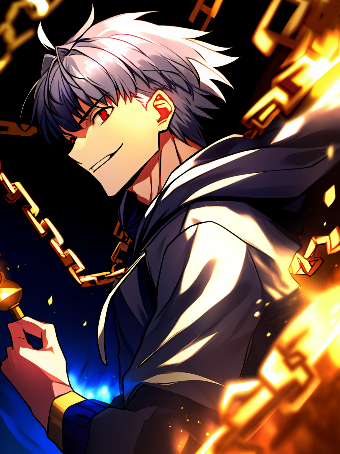 solo, ((male with silver hair wearing hoodie surrounded by glowing golden chains)), (blunted bangs), (red eyes), (smirk), ((high quality)), (extremely detailed), ((dynamic lighting)), fate stay night, inspired by takeuchi takahasi