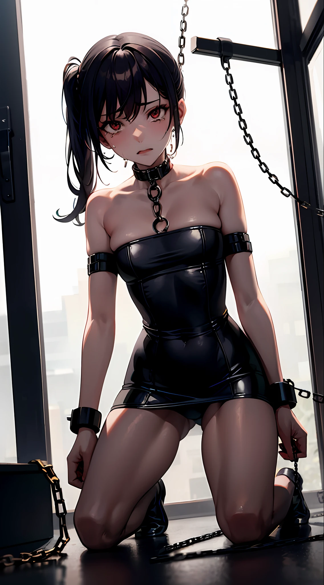 Kizi,Double,teardrop,weeping,ripped apart,chain leash,Behind the arm,kneeling down,shackle,BDSM,high ponytails