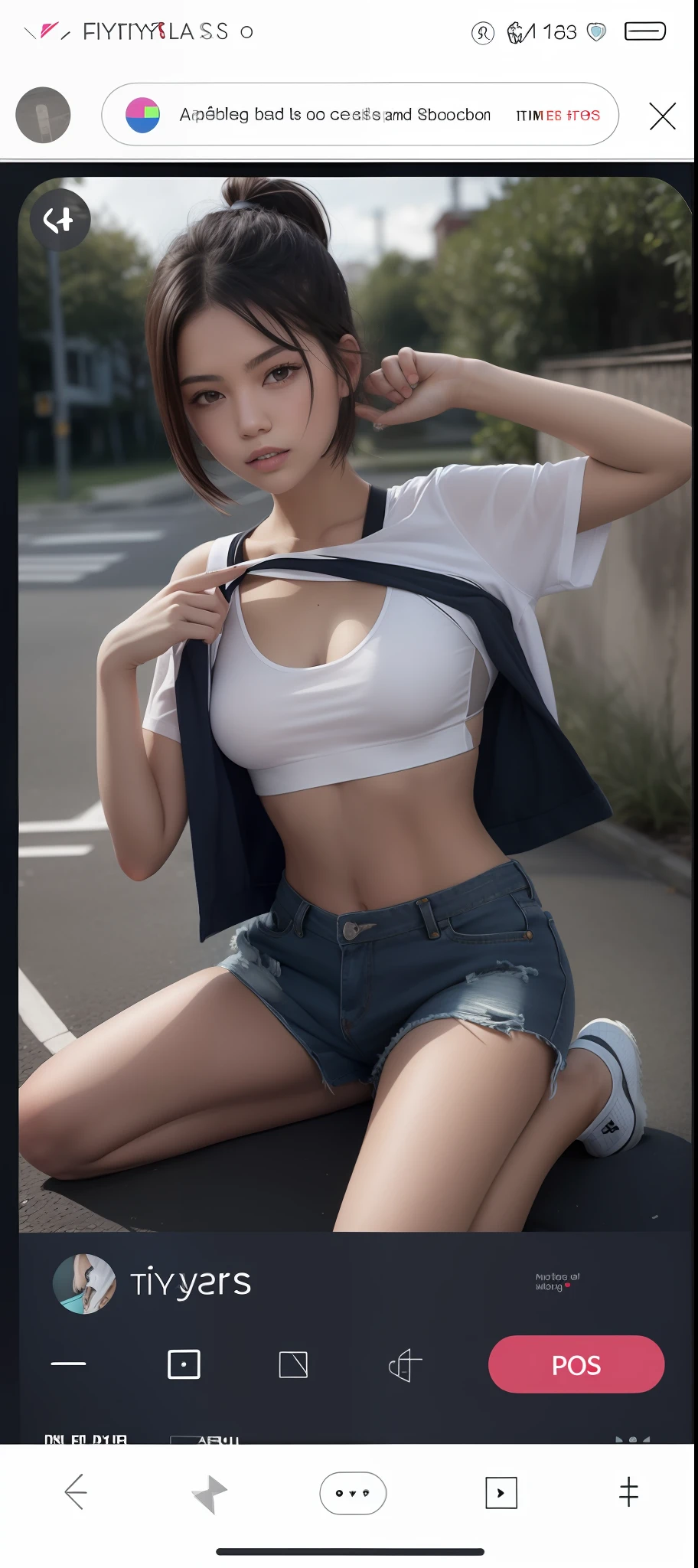 Close-up of a person sitting in a shirt sitting in the street, photo of slim girl model, 2 4 year old female model, photo of slim girl, Bra and shorts streetwear, Open V chest clothes, sport bra and dark blue shorts, Physical : tinyest midriff ever, Her navel was exposed, wearing sexy cropped top，Remove the bra，Bare breasts