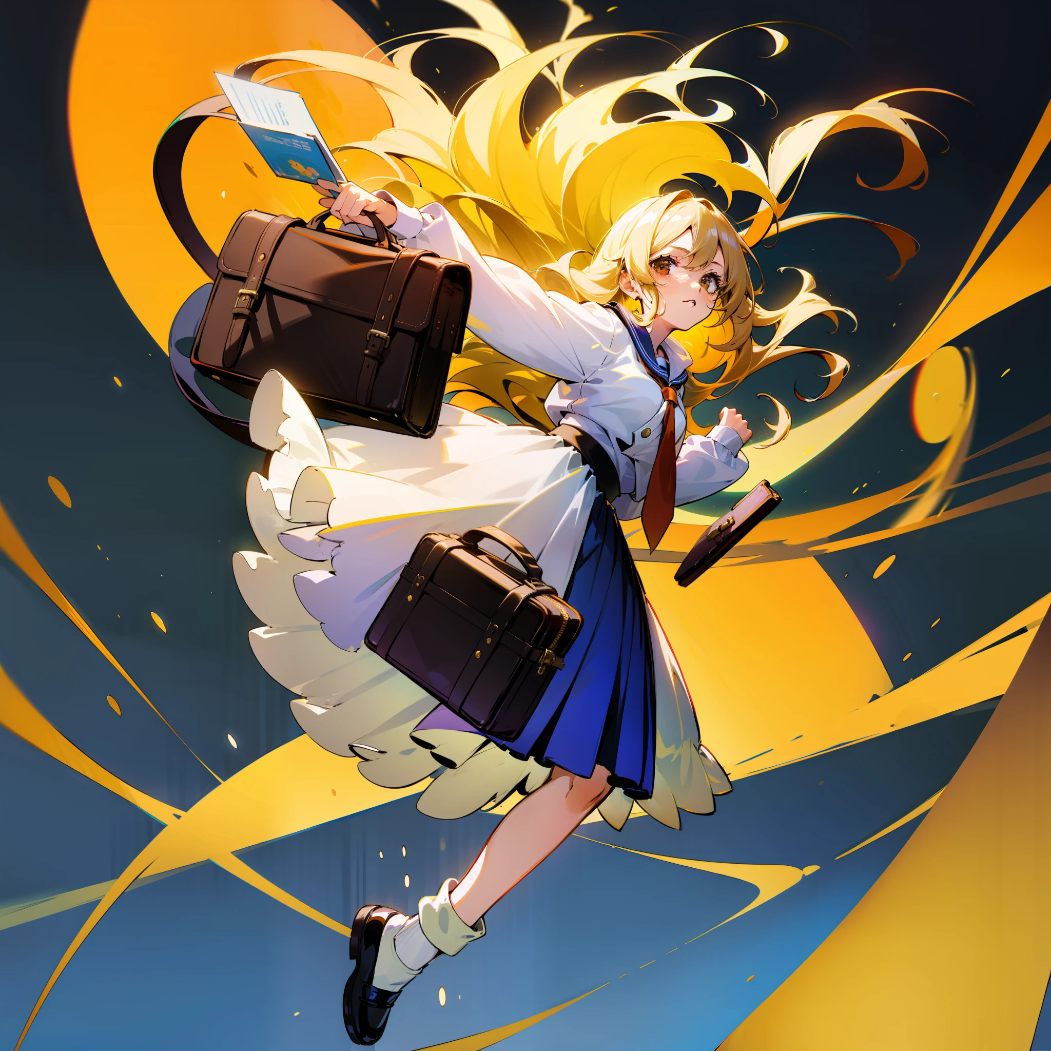 Description of a young woman with long blue hair holding a briefcase, 1 girl, solo, Marisa Kirisame, school uniform, Gohei, skirt, shoes, Serafuku, socks, Mary Janes, school background, different costume, long sleeves, blonde hair, full body, looking at viewer, long hair