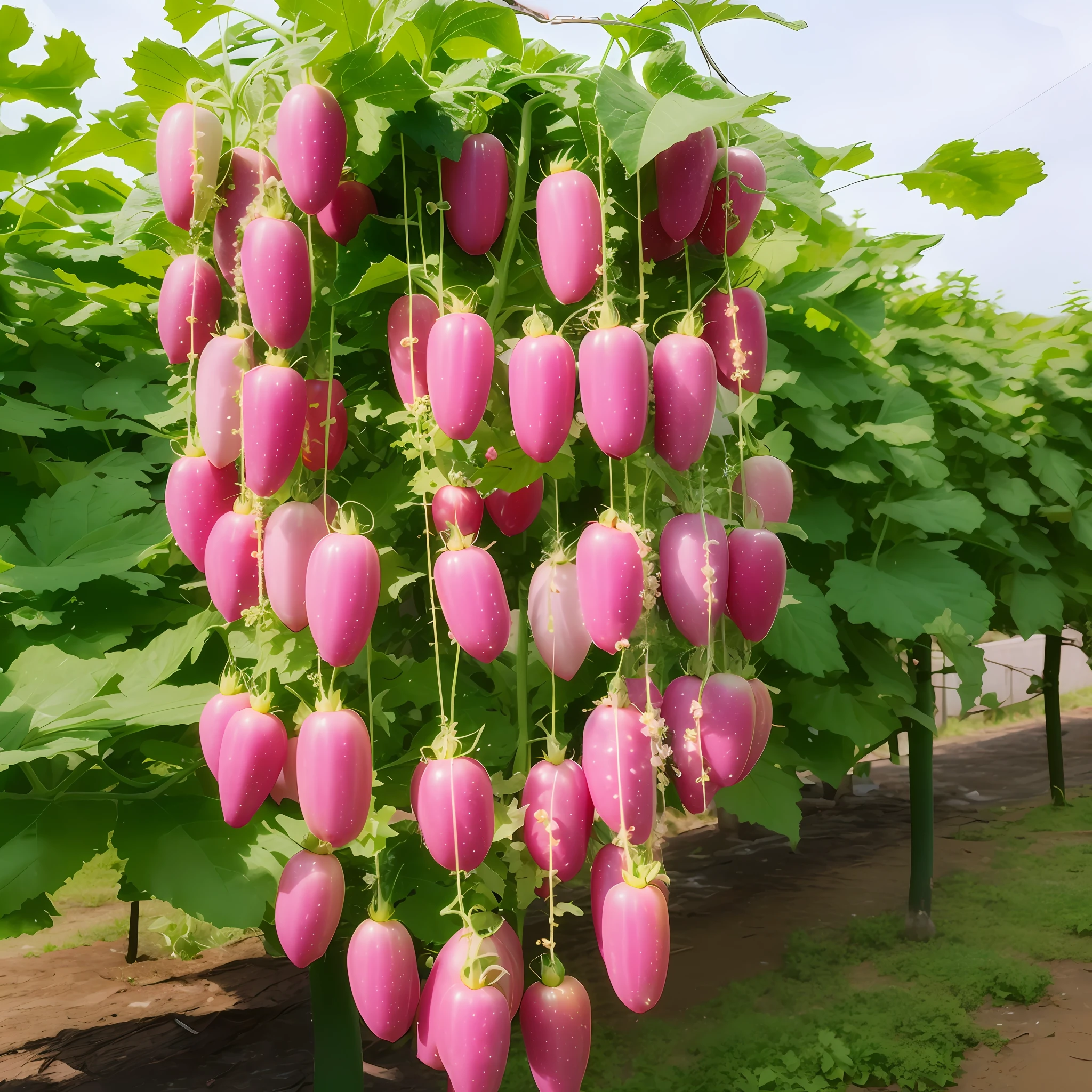 There are many pink flowers hanging from the branches, Lush fertile fecundity, author:Yokoyama Grand View, japan harvest, author:Ayako hexagon, Tomatoes hanging from branches, author:Masao Maeda, omina tachibana, spectacular quality, high quality product image”, Excellent quality, plumbus, author:Karl Volk