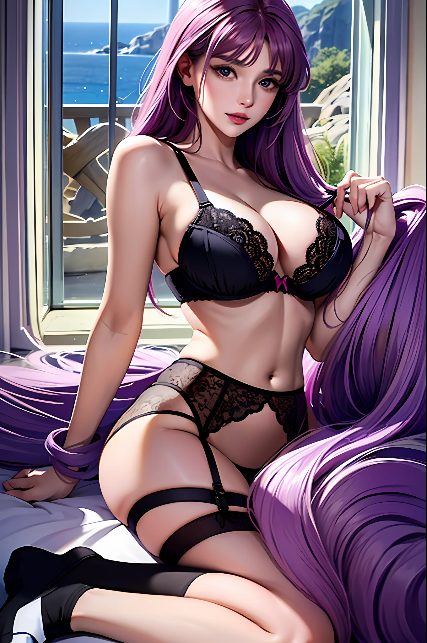 ((Absurdo, obra-prima, melhor qualidade, best resolution)) Saori Kido (21 anos) in realistic style, wearing black bra and black lace panties and garter belt with 7 socks/8 combinandos, com seus longos cabelos roxos caindo em ondas suaves ao redor de seu rosto delicado. Perfect huge breasts are visible under the fabric, and her skin is smooth and clear, giving you an air of influence and tolerance, de costa para o espectador