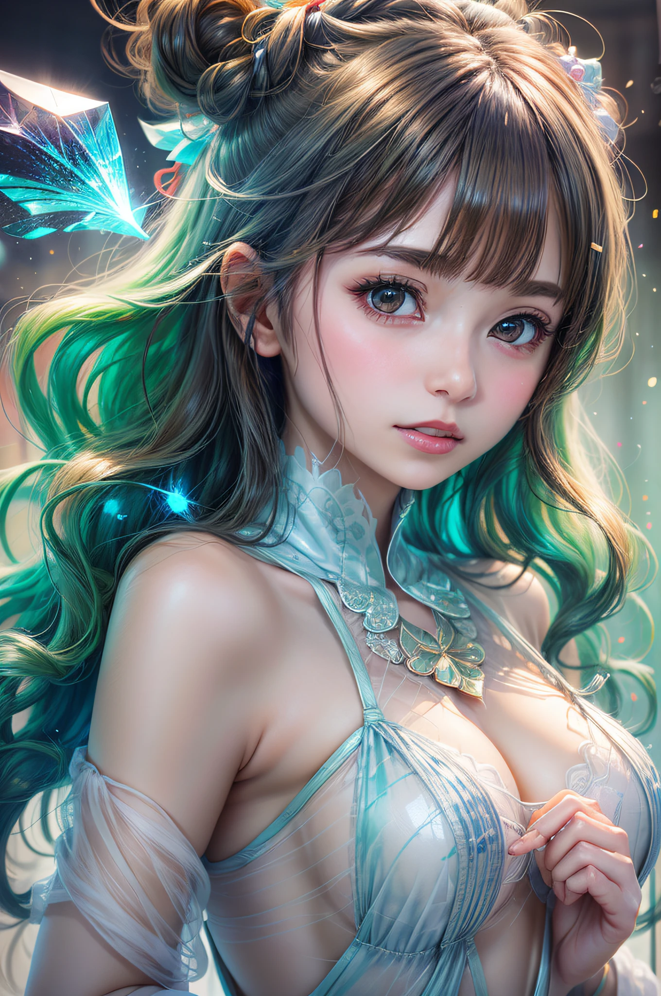 Beautiful girl story wrapped in love, Beautiful eye details, A captivating anime girl gracefully emerges from the pages of a watercolor painting, Her vivid and complex colors are, Bring your artwork to life, (see-through transparent clothes, transparent costume:1.5), She dons an extraordinary fantasy costume adorned with delicate details, reflecting the enchanting world she inhabits, Luminescent elements, like glowing crystals and ethereal wisps, surround her, casting a soft, otherworldly glow,  The style of watercolor painting is、Imbues the image with a sense of fluidity and delicacy, as if the colors are effortlessly blending and bleeding into one another, Camera shot: medium shot, Soft Focus, luminescent glow　Lighting, watercolor brushstrokes, Sophisticated and very delicate anime illustration, unique colors, Portrait of an anime girl, infinite love, rainbow-colored,  beautiful girl illuminated by seven colors of light,