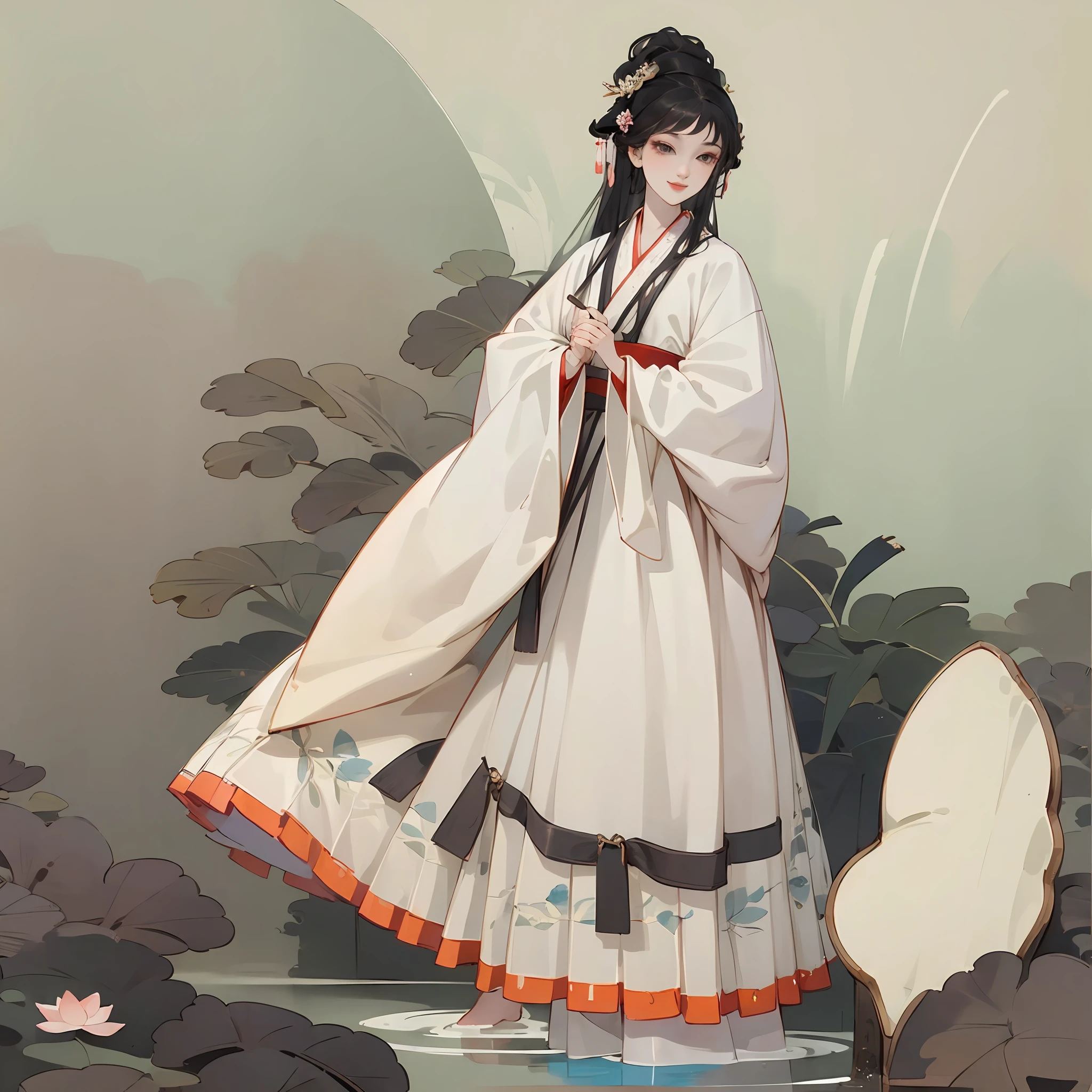 ((4k,masterpiece,best quality)), shuimobysim, traditional chinese ink painting, lotus, hanfu, maxiskit, dress conservatively 1girl, solo, long blue hair, smile, standing, feet in the water, barefoot, --auto