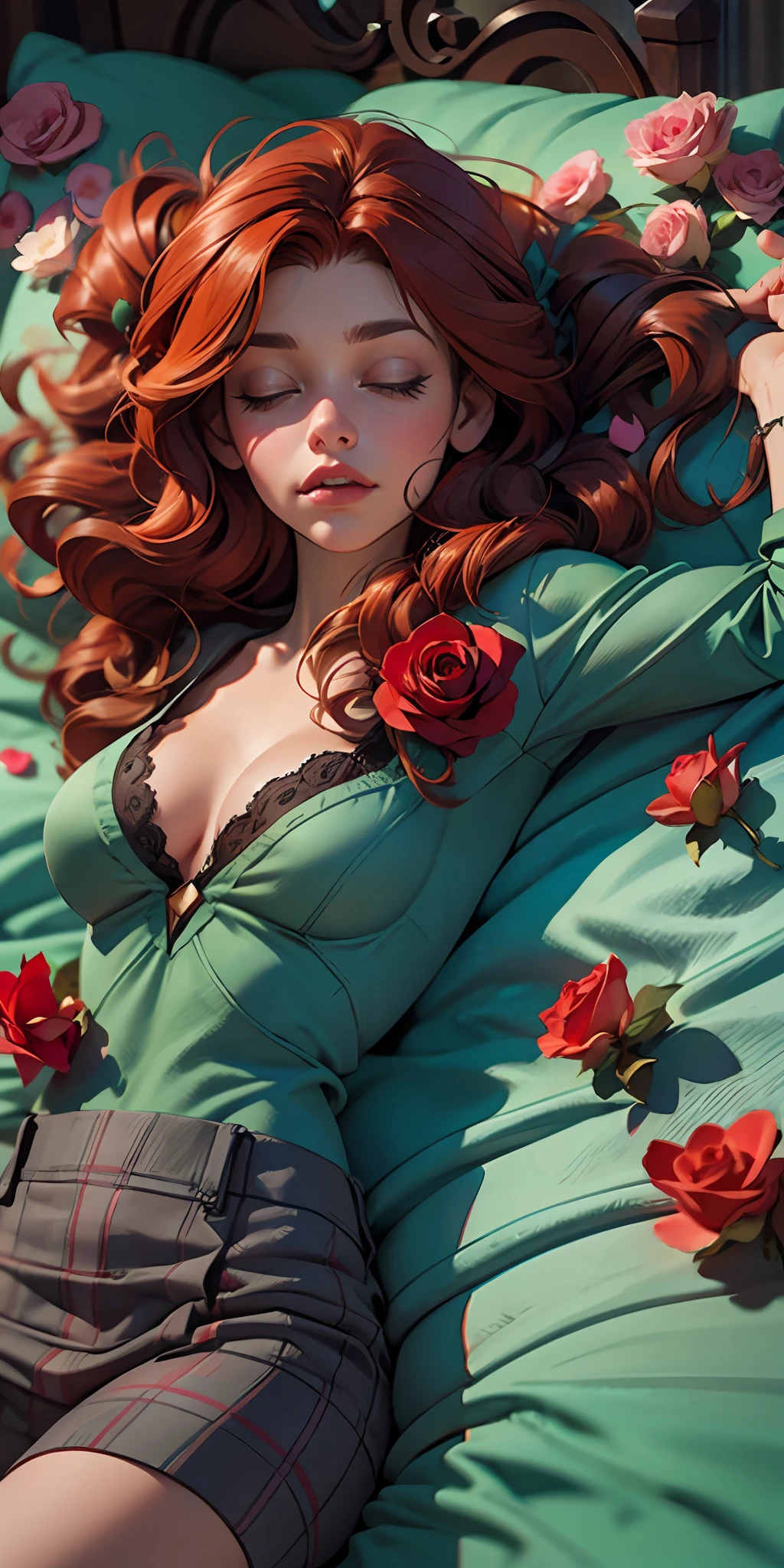 The Sleeping Woman, Realistic, She is dressed in pajamas, red hair color, parallax, Ultra Hyper Mega Contrast, sleeps on a gorgeous bed covered with rose petals, The masterpiece that won the photo contest