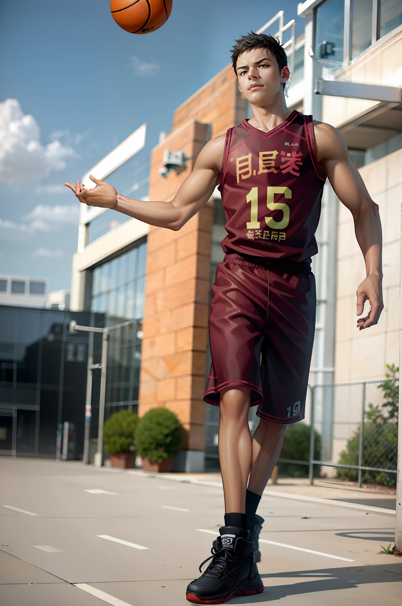 A basketball hoop，White Xiangbei uniform，