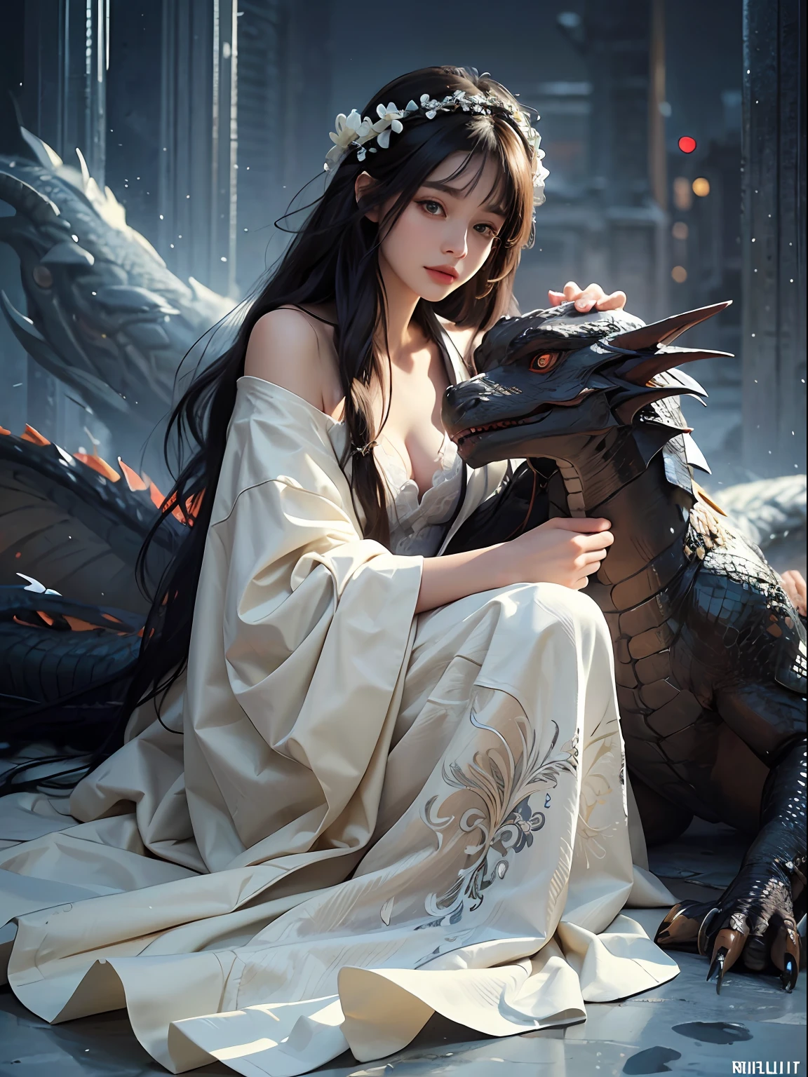 (full body)(1human and the head part of 1dragon), 1beautiful girl is playing with 1dragon, the girl is long black hair with bangs and the dragon is frost dragon, daisy intricate ornaments, white silk robe, realistic, looking at the camera, cuddling with dragon, riverside, cinematic lighting, trending on ArtStation, by Irakli Nadar, Greg Rutkowski，(((best quality))),(((ultra detailed))),(((masterpiece)))