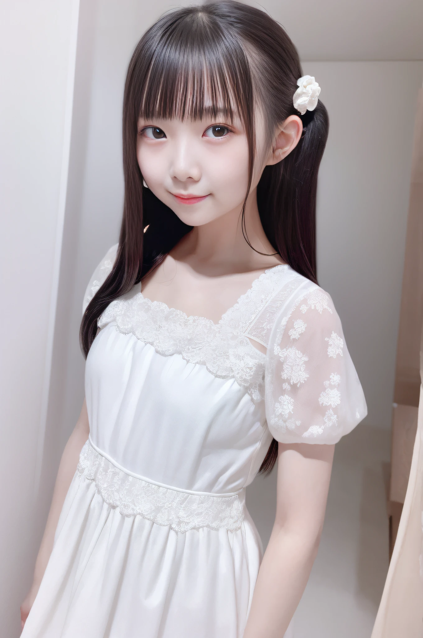 there is a woman in a white dress posing for a picture, loli in dress, young cute wan asian face, girl cute-fine-face, Young adorable Korean face, soft portrait shot 8 k, the face of a beautiful Japanese girl, light milky white porcelain skin, Wearing a cute white dress, young and cute girl, milky skin, cute young woman