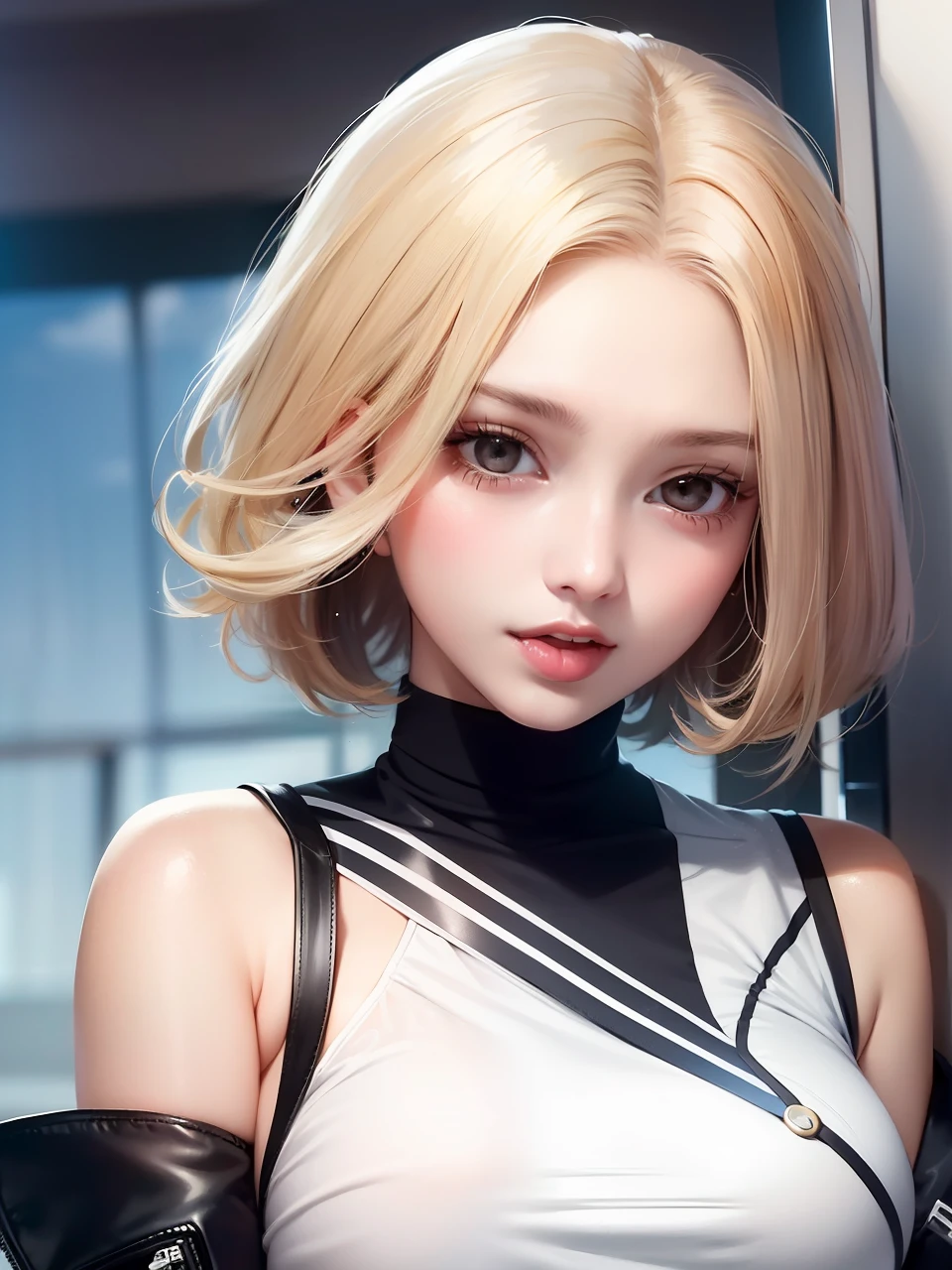 teens girl，white skinned，Stick out your tongue，up looking，short detailed hair
