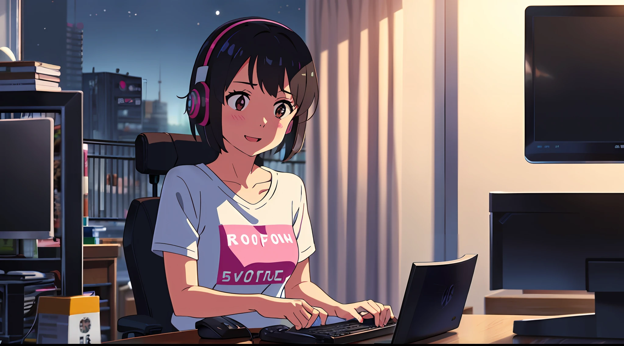shinkai makoto, kimi no na wa., 1girl, bangs, black hair, blush, brown eyes, cloud, looking at the audience, t-shirt, short hair, night sky, smile, solo, open mouth, upper body, pink t-shirt, skirt, white skirt, girl playing video games, indoor, room, computer, keyboard, mouse, monitor, playing computer, chair, desk, lamp, clock, sitting, gaming, gaming platform, gaming pc, earmuffs