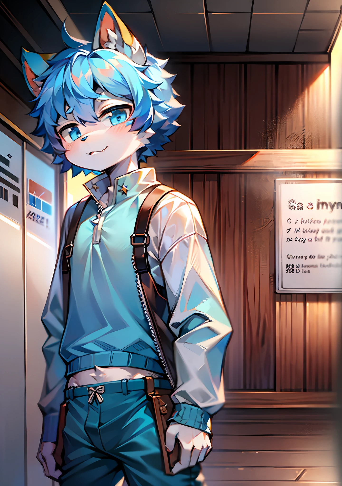 eyes with brightness, Bust photo of the character，Q version，头像框，头像框《Character Focus Solo, shaggy, Furry male cat, Gray-white fur for men, blue color eyes, blue hairs(The long）Loli style，Little cute， Will sell moe，Wear blue clothes and pants，The characters are standing