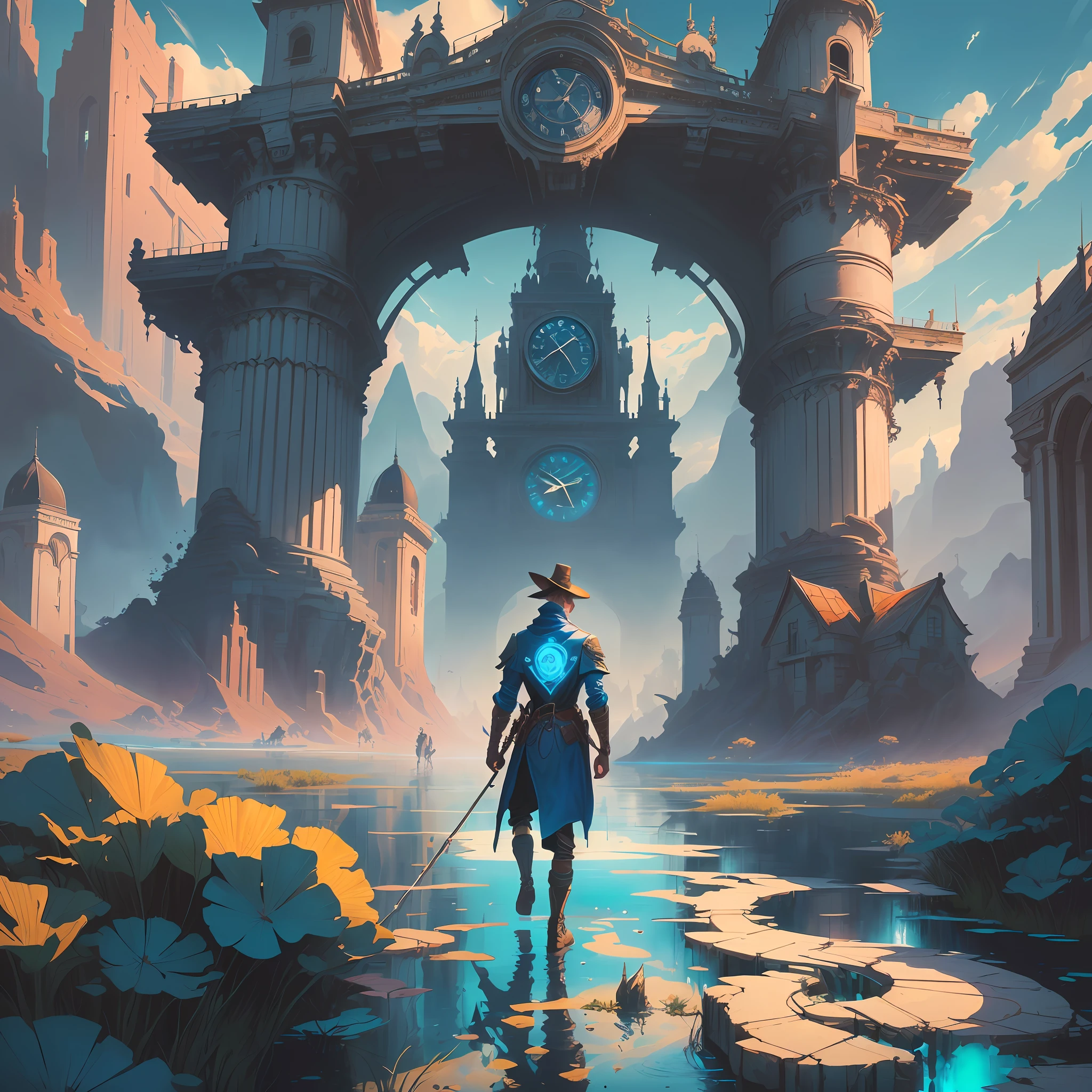 There was a man walking across the waterway with a clock, Epic fantasy digital art style, jen bartel, Detailed digital 2D fantasy art, Symmetrical epic fantasy art, andreas rocha style, Digital 2D fantasy art, In the art style of Mohrbacher, style hybrid mix of beeple, epic fantasy sci fi illustration, Fantasy art Behance,The characters are right