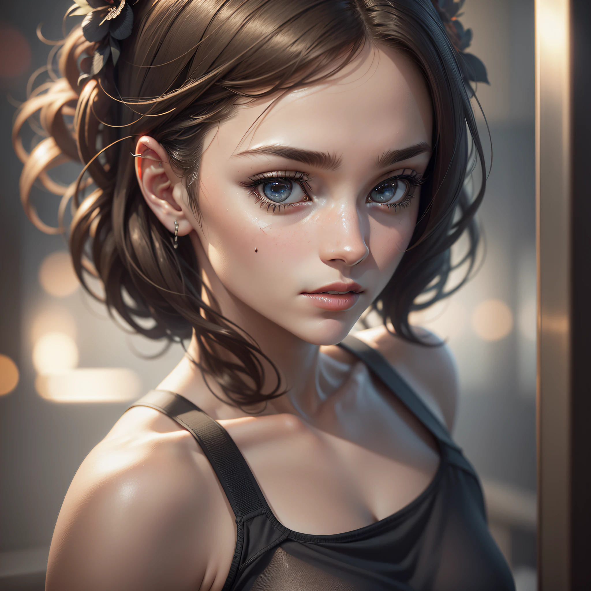 (masterpiece), portrait of a stunning woman in a bar wearing casual clothes, clear facial features, skin pores, brown long hair, ponytail, cute detailed face Cinematic, 35mm lens, f/1.8, accent lighting, global illumination, Screen Space Global Illumination, Scattering, Shadows, Rough, Shimmering, Lumen Reflection, Screen Space Reflections, Diffraction Grading, Chromatic Aberration, GB Displacement, Scam Lines, Ambient Occlusion, Anti-Aliasing, FKAA, TXAA, RTX, SSAO, OpenGL-shader's, Post Processing, Post-Production, Cell shading, Tone Mapping, CGI, VFX, SFX, insaley detailed and intricate, hyper maximalism, elegant, dynamic pose, photography, volumetric, ultra-detailed, intricate details, super detailed, ambient