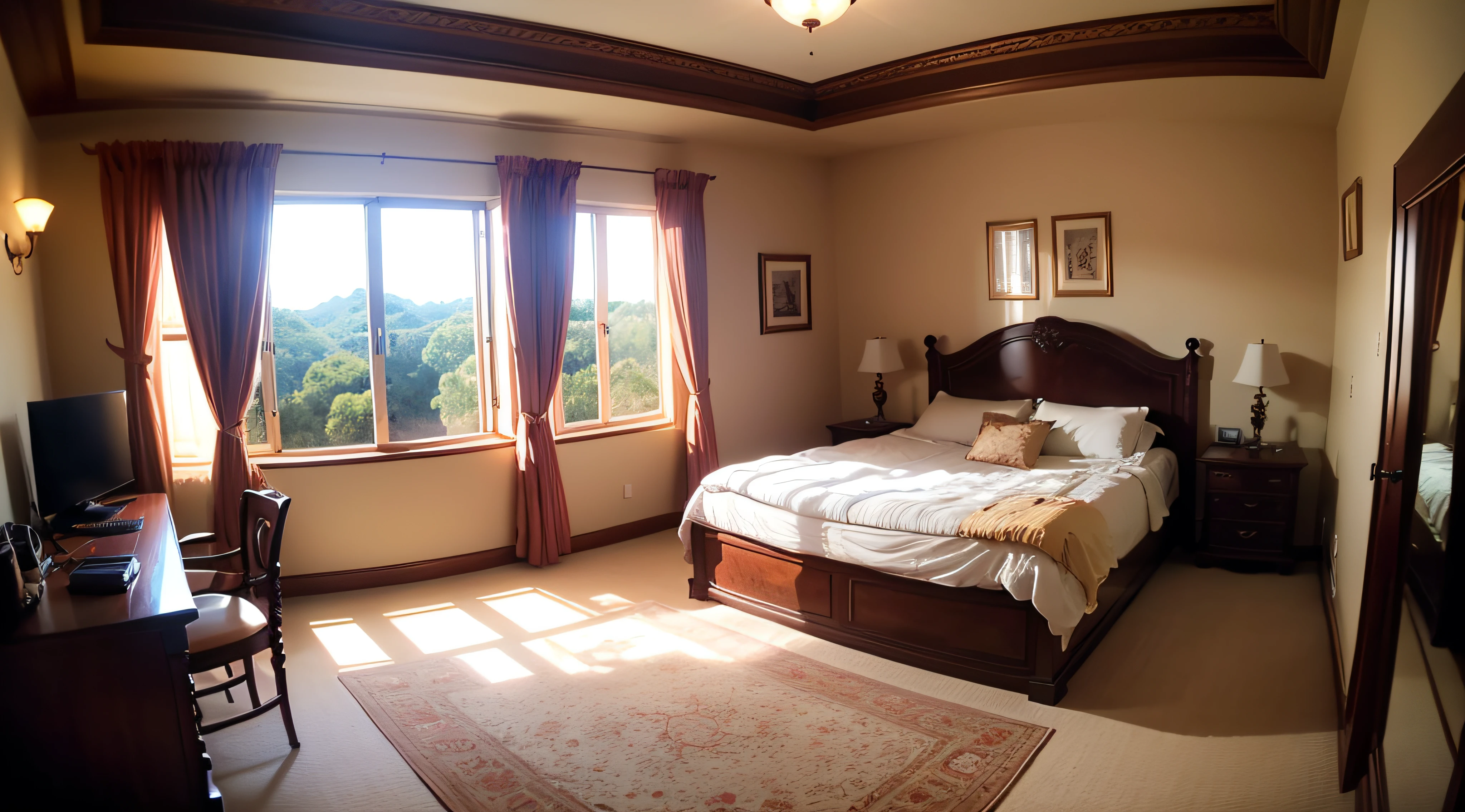 Luxurious room of a mansion, with large windows and very nice ambient lights, Qualidade de foto profissional --auto
