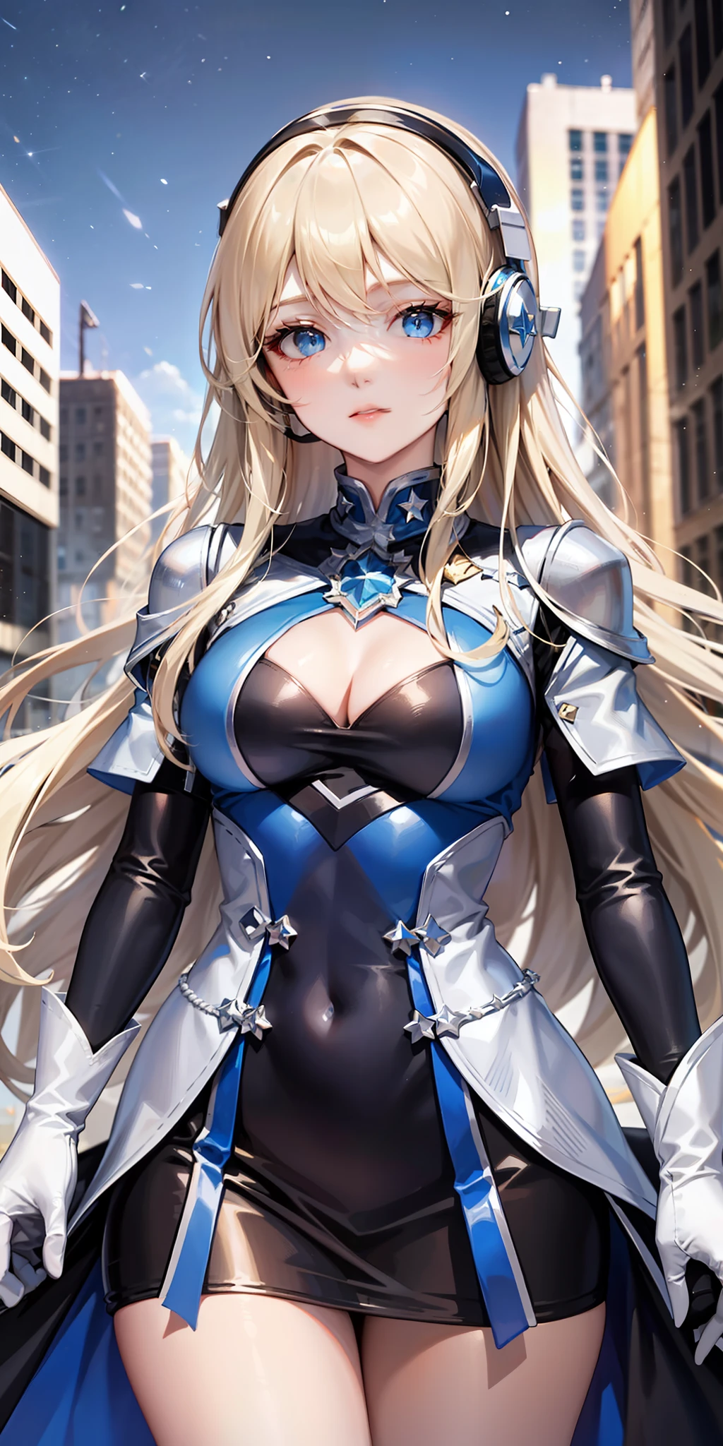 Long blonde hair,Dark blue dress with white stars,eBlue eyes, White gloves,Black headset,sci-fy,urban backdrop,Royal sister