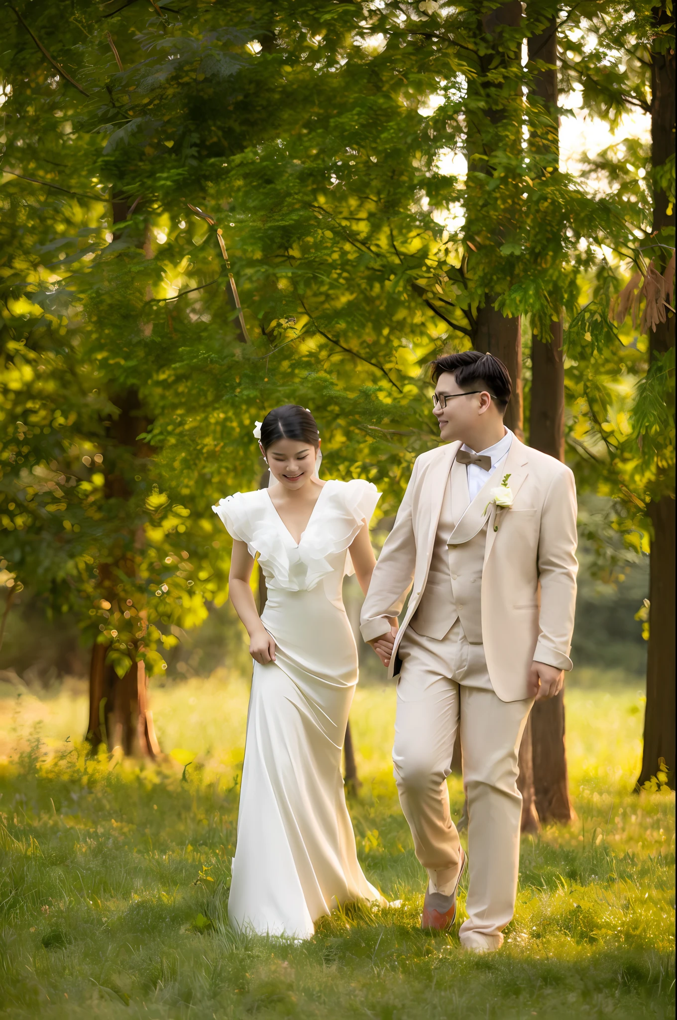 The bride and groom walk hand in hand on the grass, photo 85mm, Bride and groom, 🤬 🤮 💕 🎀, ao dai, wedding photography, natasha tan maciej kuciara, couple walking hand in hand, professional wedding photography, outdoor fine photography, wedding photo, man and woman walking together, morning golden hour