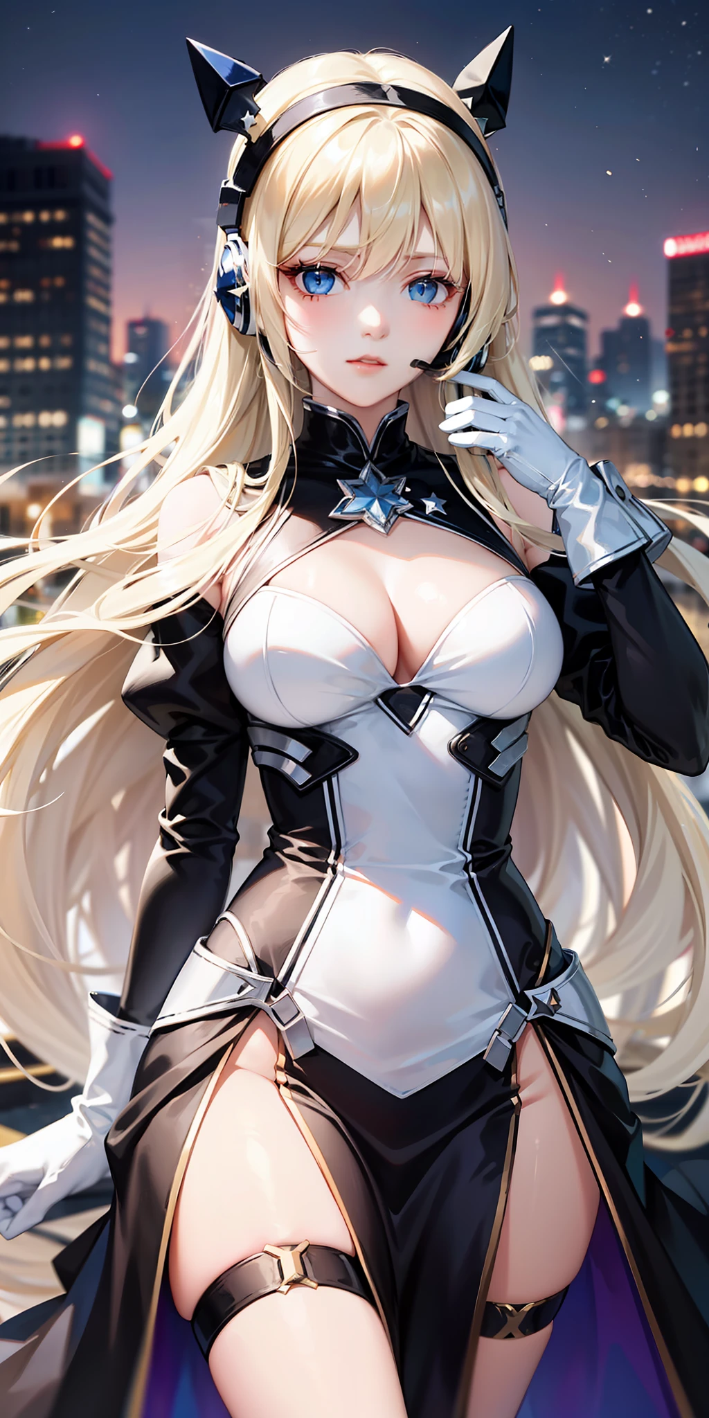 Long blonde hair，Dark blue dress with white stars，eBlue eyes， White gloves，Black headset，sci-fy，urban backdrop，Royal sister