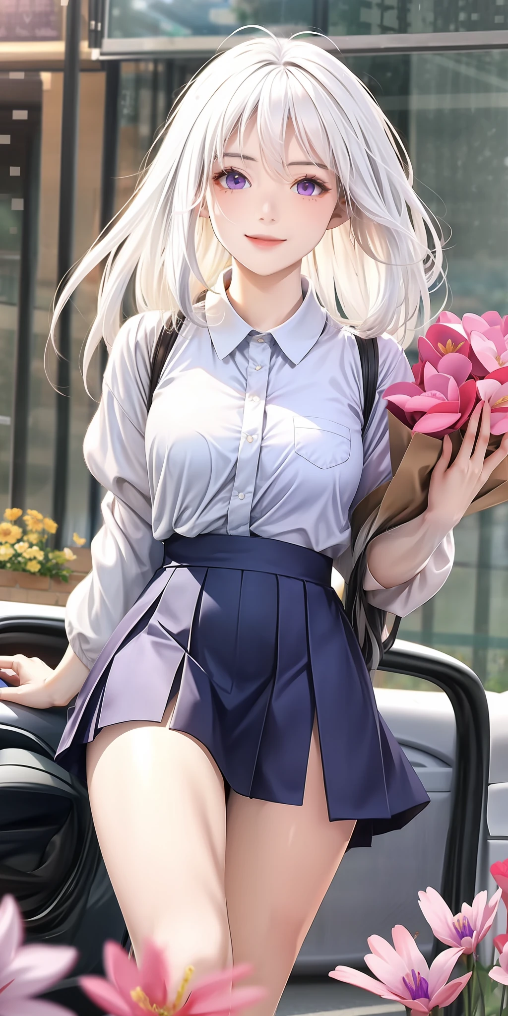realisticlying，1girll，White hair，Purple eye，glowing light eyes，Cut the top，a skirt，parted lip，Be red in the face，the night，fresh flowers，suns，rays of sunshine，fullnude，Heart-shaped eyes，is shy，erect through，long leges，Delicate skin