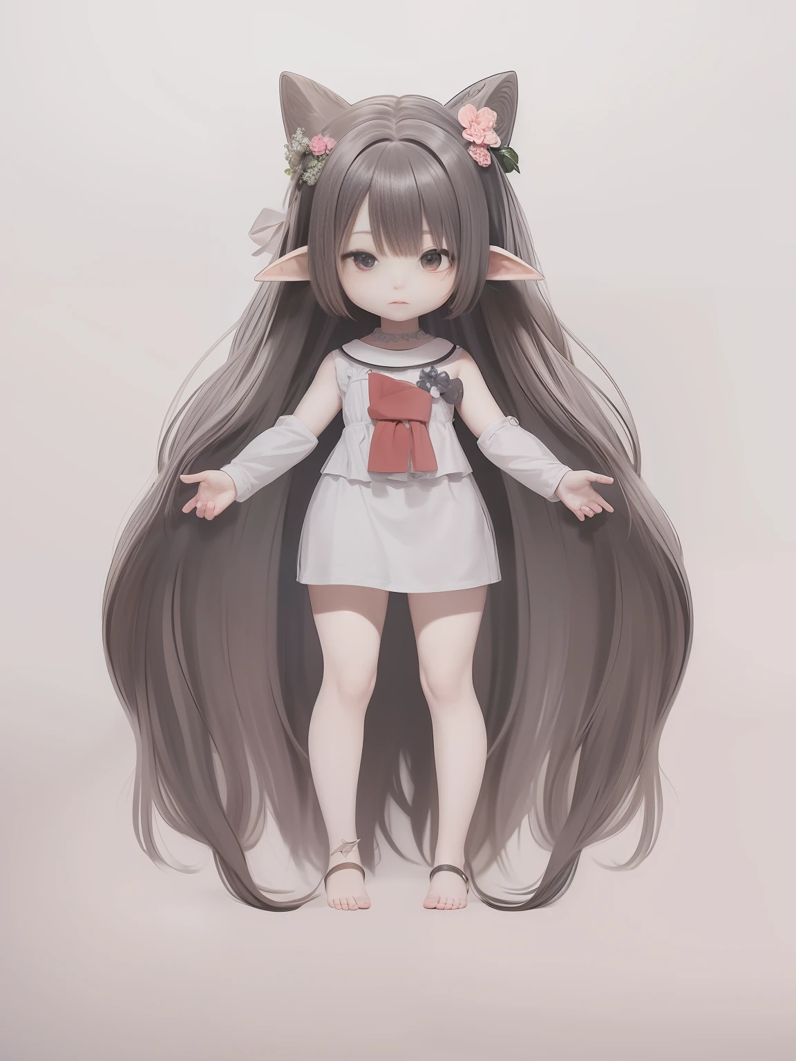 Draw a long haircut，Girl with horns on her head and hair ring, clean anime outlines, full body portrait of a short!, small curvaceous loli, elf girl wearing an flower suit, full body adoptable, full body with costume, Full body character drawing, holding a pudica pose, long haired humanoid fursona, Simple lines of art, clean lineart and flat color