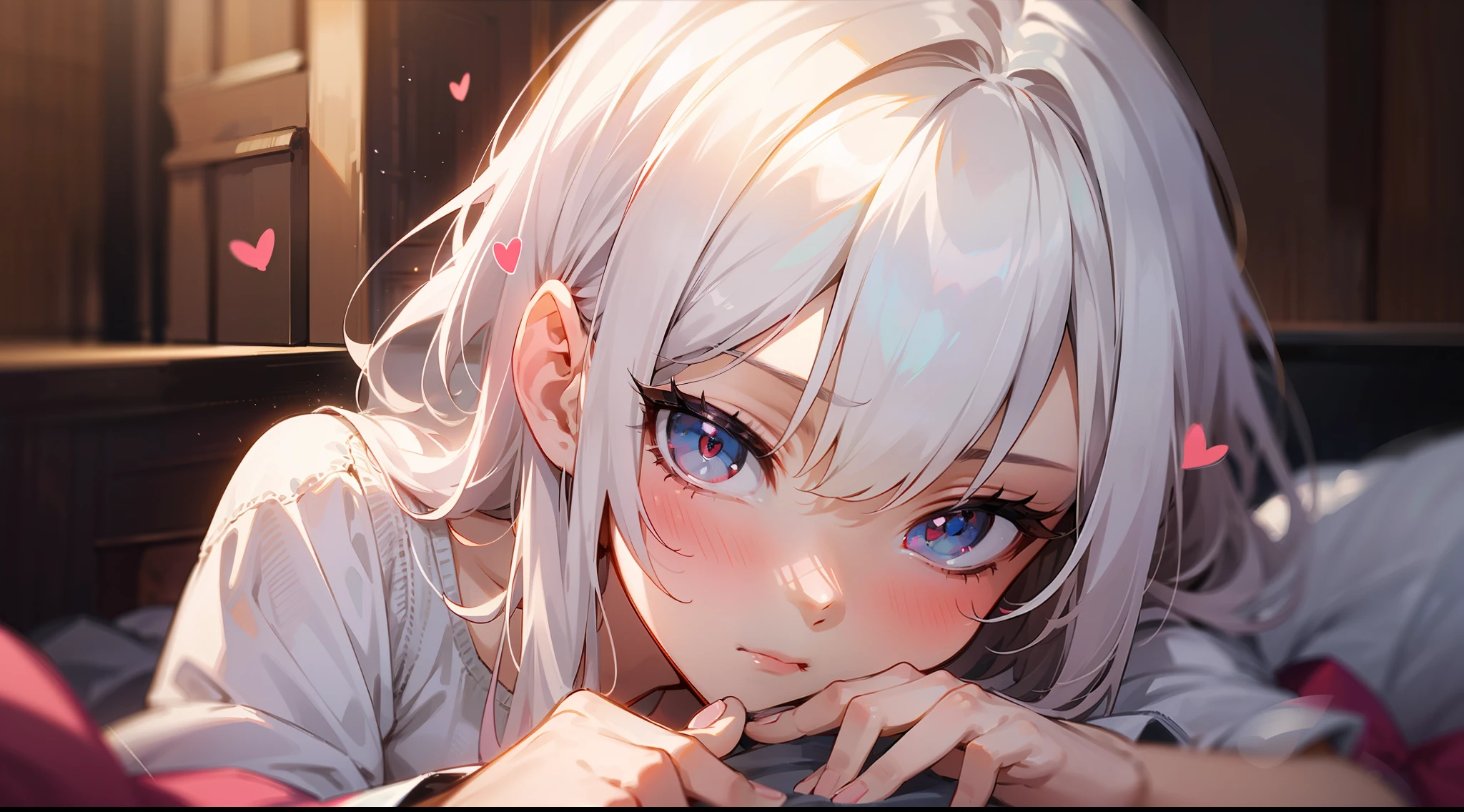 (masterpiece, high details,gorgeous) BREAK 1girl, cute, vampire, pouting, blushing, pijama, (hearts), cozy, red eyes, white hair, masterpiece,expresive eyes, perfect face,night, bed,close up, BREAK breath, in love, intimate, loooking down, beautifull eyes,femine,gentle, kawai, high details
