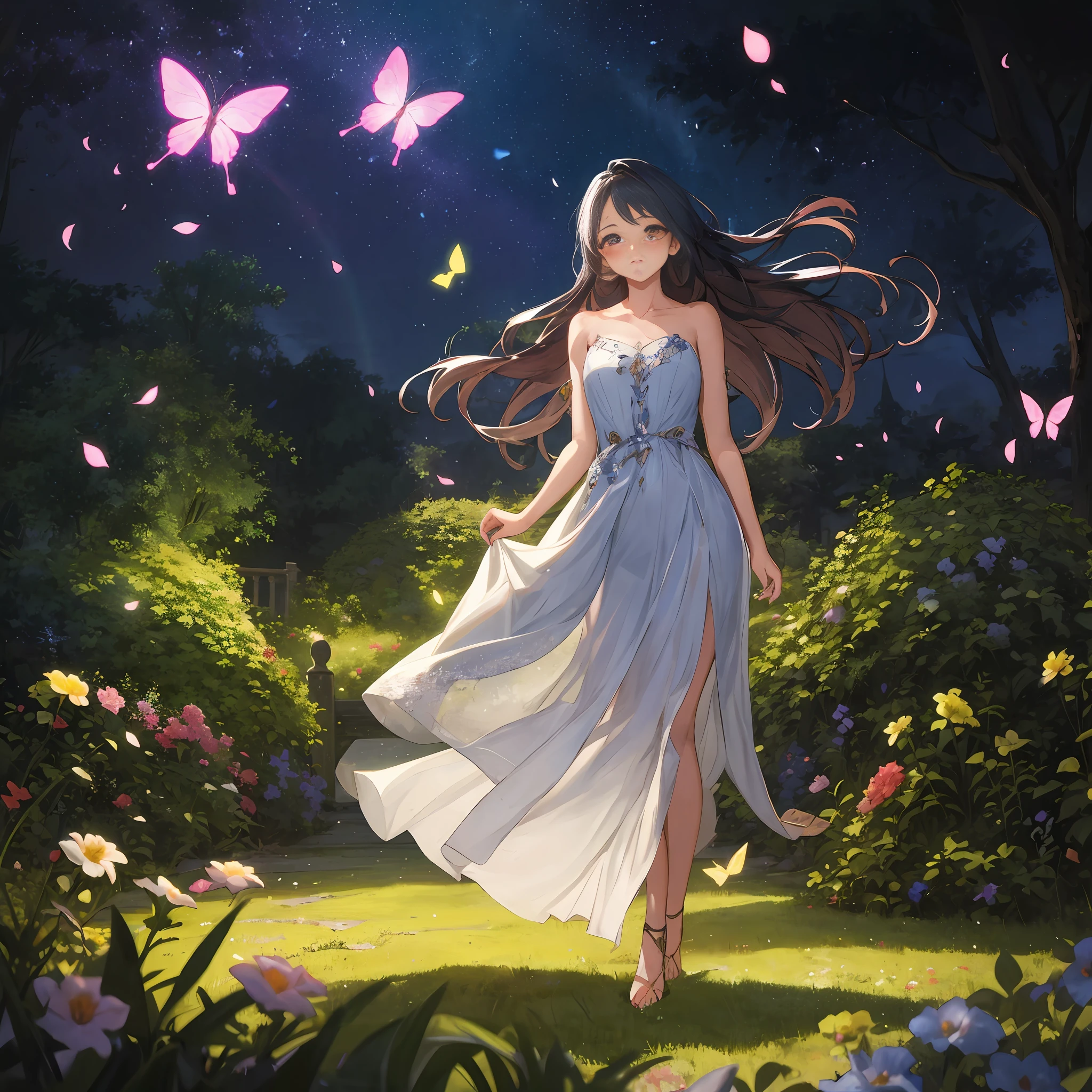 1girl, solo, full body, (masterpiece:1.21), (best quality:1.2), colorful, (illustration:1.2), (cinematic lighting:1.1), (bare shoulders:1.21), (collarbone:1.21) in this whimsical A beautiful and dreamlike garden, the scene is illuminated by a rainbow (colorful fireflies) dancing in the air. Pastel (drizzle) adorns the garden, creating a hazy and ethereal atmosphere. In the center of the picture, stands a single girl, an extremely beautiful girl, with lovely facial features and an innocent expression. Her long hair fluttered in the wind. She wore a low-cut strapless dress that accentuated her curves. The lighting is very delicate and beautiful, creating a soft warm glow that accentuates the water and makes it sparkle like a diamond. The finest grasses are also illuminated to create a lush carpet. The garden is surrounded by colorful flower fields with flowers of all colors and shapes. Various colors and sizes (coloured butterflies) can be seen flying around the scene, adding to the overall sense of wonder and magic. (Everyone, judges), a blush can be seen on the bridge of the nose, and the mouth is slightly opened, which adds to the overall sense of innocence and youth. Falling petals can be seen waving around her, adding to the overall sense of romance and beauty. The breeze is blowing, the leaves are rustling, and the flowers are swaying, adding to the overall dynamism and vitality. It is a scene of pure wonder and magic, full of color and beauty, where the viewer can lose themselves in this enchanting and captivating world.