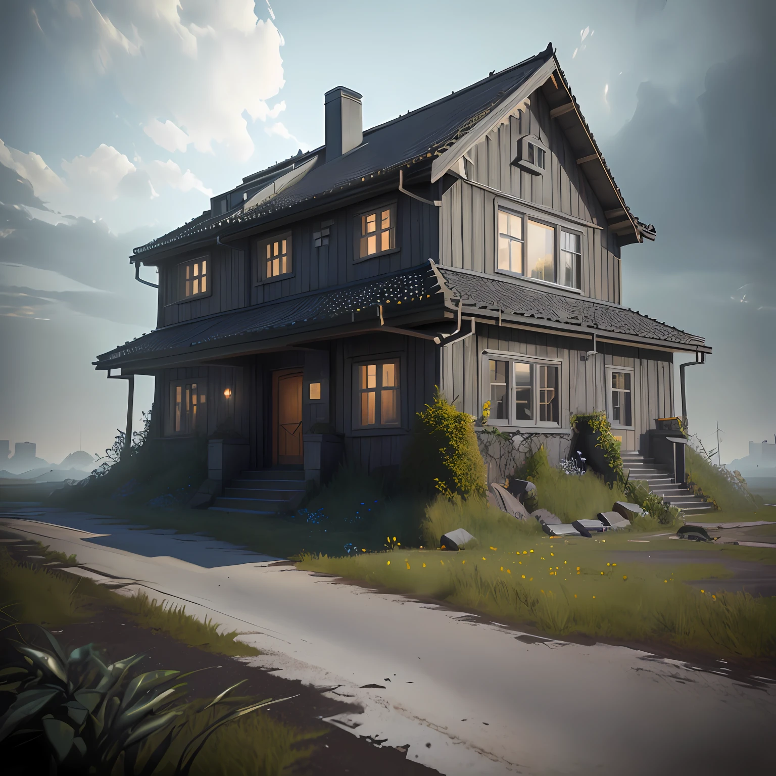 Old Style Neighborhood A Small Building Creeper Sunset A bench