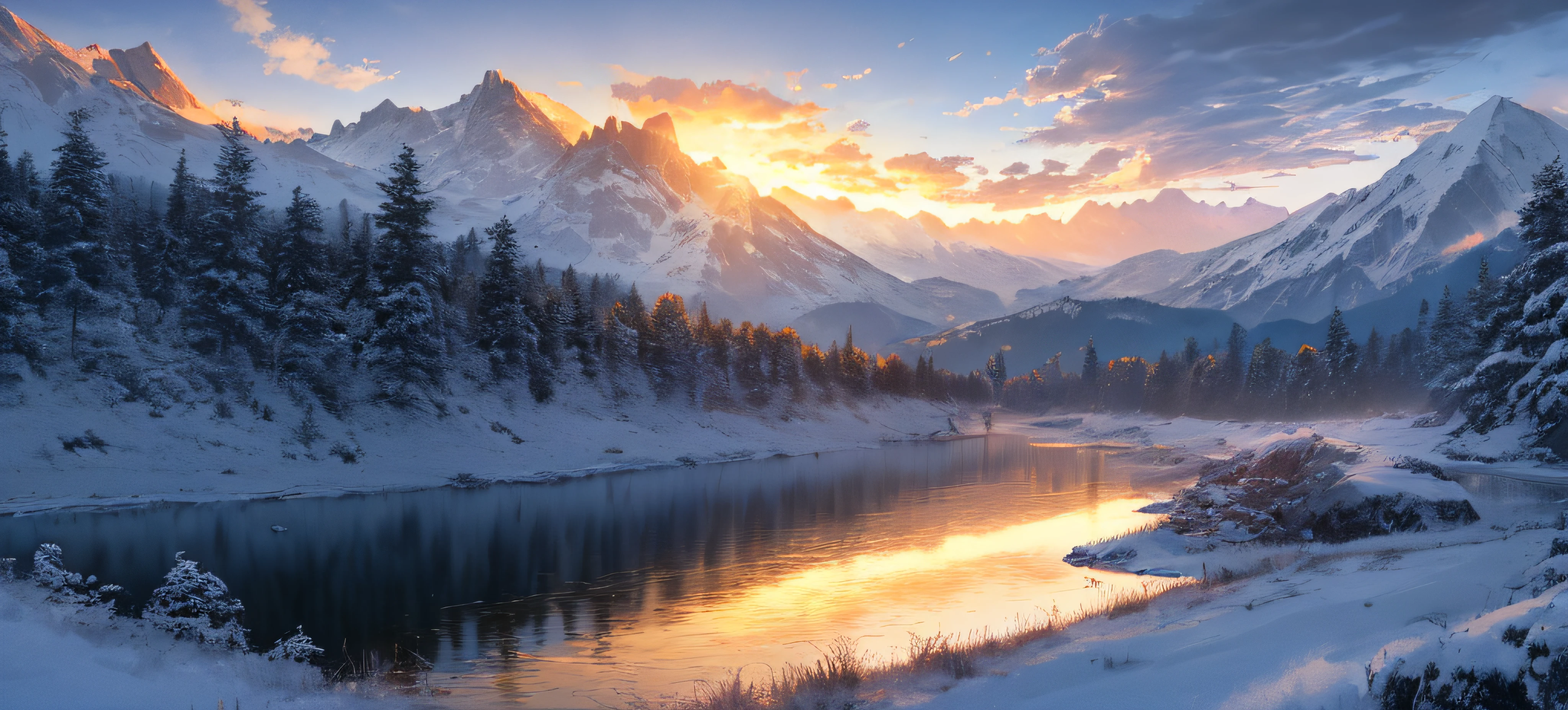 ((masterpiece,best quality,ultra detailed,ultra high res,detailed background)),sunrise,alpine, floe,river,cumulonimbus cloud,woods,sunlight,chiaroscuro,
