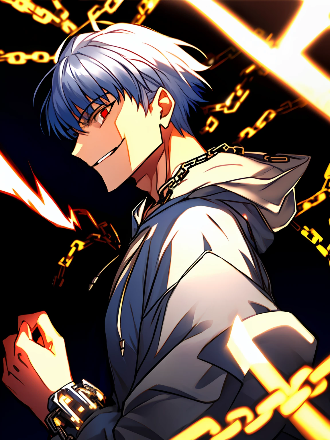 solo, ((male with silver hair wearing hoodie surrounded by glowing golden chains)), (blunted bangs), (red eyes), (smirk), ((high quality)), (extremely detailed), ((dynamic lighting)), fate stay night, inspired by takeuchi takahasi
