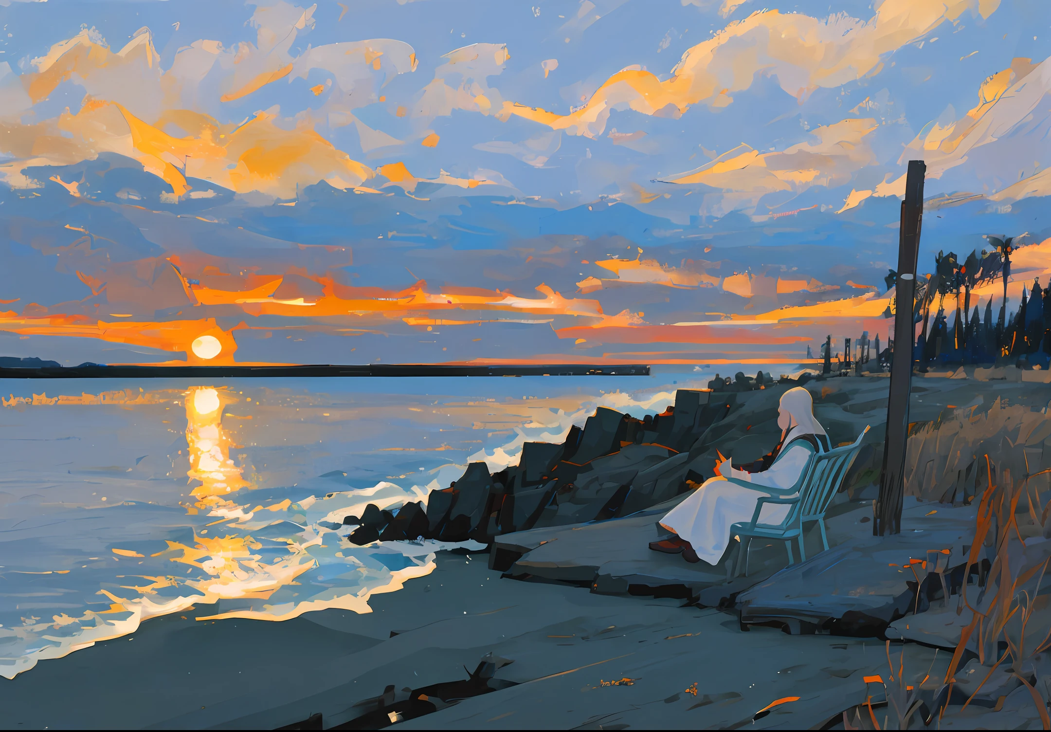 Lonely people sitting by the sea at dusk