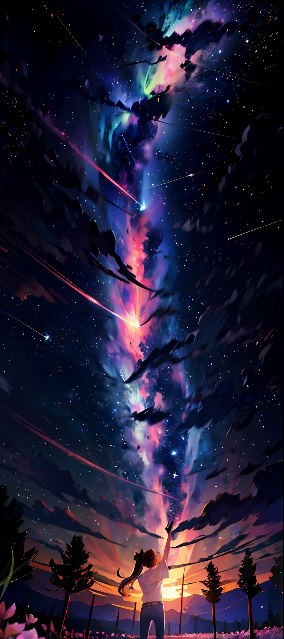 1girl, distant girl with wavy ponytail wearing a tshirt and jeans staring at the stars, (zoomed out:1.1), (meteor shower:1.2), (comet:1.1), your name, low angle, from behind, aroura borealis, shooting star, yukata, cherry blossoms, standing in a field,best quality, masterpiece, cloud,colorful, starry,stars,
