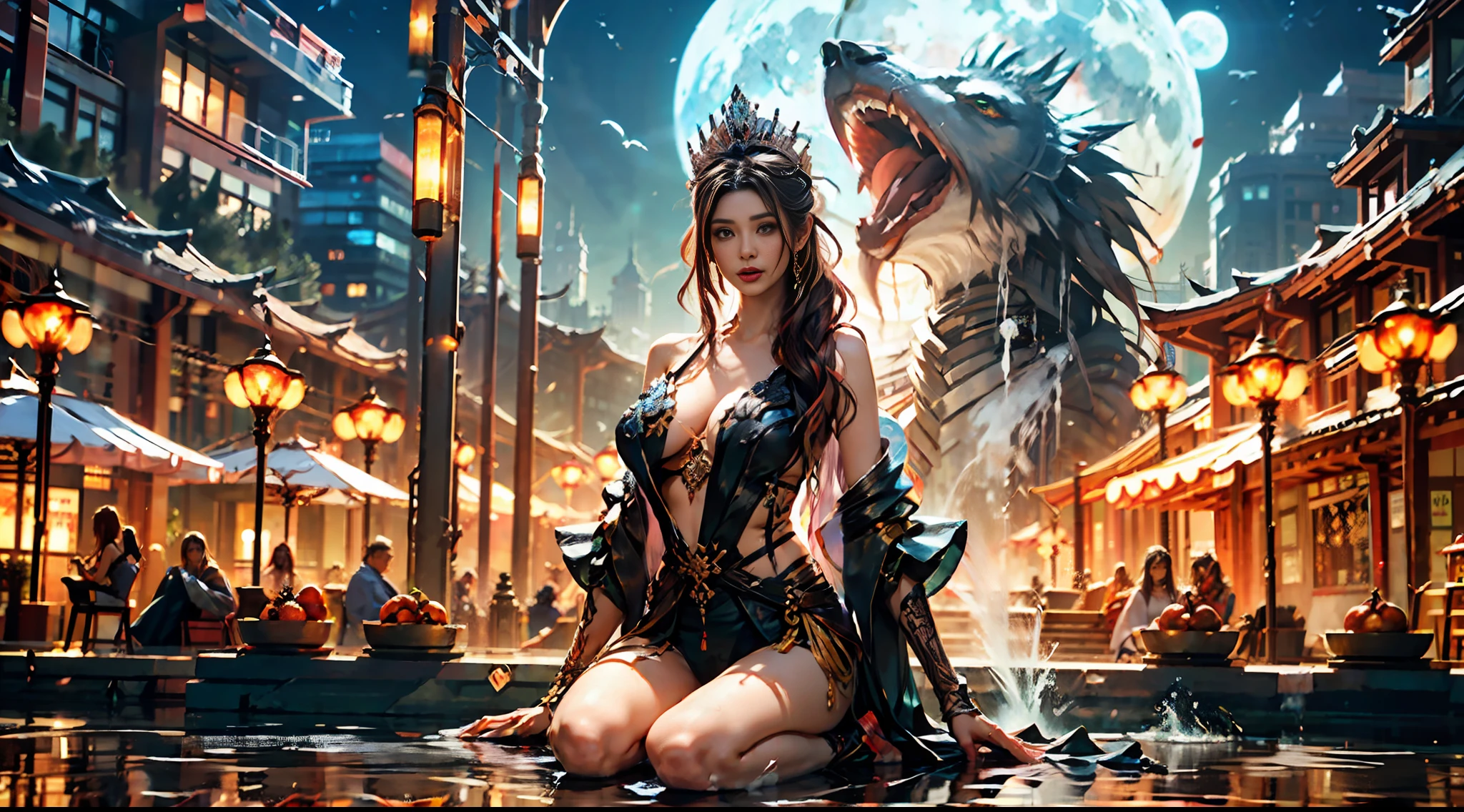 full depth of fields,In the ultra-wide-angle shot, the beauty is a K-cup teardrop shaped giant tit,Make the super sexy body with obvious sexual characteristics particularly irritating,The beauty Kazilan's giant eyes are pupils with fire,The beauty's Qiong nose resembles a kitten, with a cherry mouth and bright teeth, making the face bright and moving,Under the slender neck like a swan are slippery shoulders and beauty collarbones,The transparent mesh silk thread gloves on Lora's hands, which are medically normal and ergonomic and physiological, gently shake her arms, highlight the beauty's cool manicurs and gorgeous rings,The beauty has a gourd-shaped body,There is no fat funnel, and the vest line on the waist is more coquettish,The pear-shaped buttocks are straddled by butterflies, a pair of ultra-slender and rounded toned body, and a pair of slender jade feet step under the legs,Above the beauty's colorful hair is a halo crown,Gorgeous colorful tattoos and trinkets adorn the whole body,Behind the beauty is the snowy top of the distant mountains,Aurora meteor,Colorful cherry blossoms,The sea rises and the moon rises,Hanhai blue ice,Full of neon,Perfect Storm,The galaxy is shining,Away from the hustle and bustle,Victoria's Secret,Let the beauty smile,Use Midjourney's advanced brush tools and experiment with different color palettes and strokes to show and enhance the quality of your characters, reflect all the qualities of your characters, and add realism。Use Midjourney's advanced brush tools and experiment with different color palettes and strokes to reveal and enhance the seductive crimson quality of your scene,The magnificent natural landscape in the background in different weather conditions is very realistic,The result is incredible detail throughout the picture。Use Midjourney's advanced brush strokes and texture tools and experiment with different models and materials to make a variety of irritating styles, slim fabrics and intricate hairstyles and make-ups wi