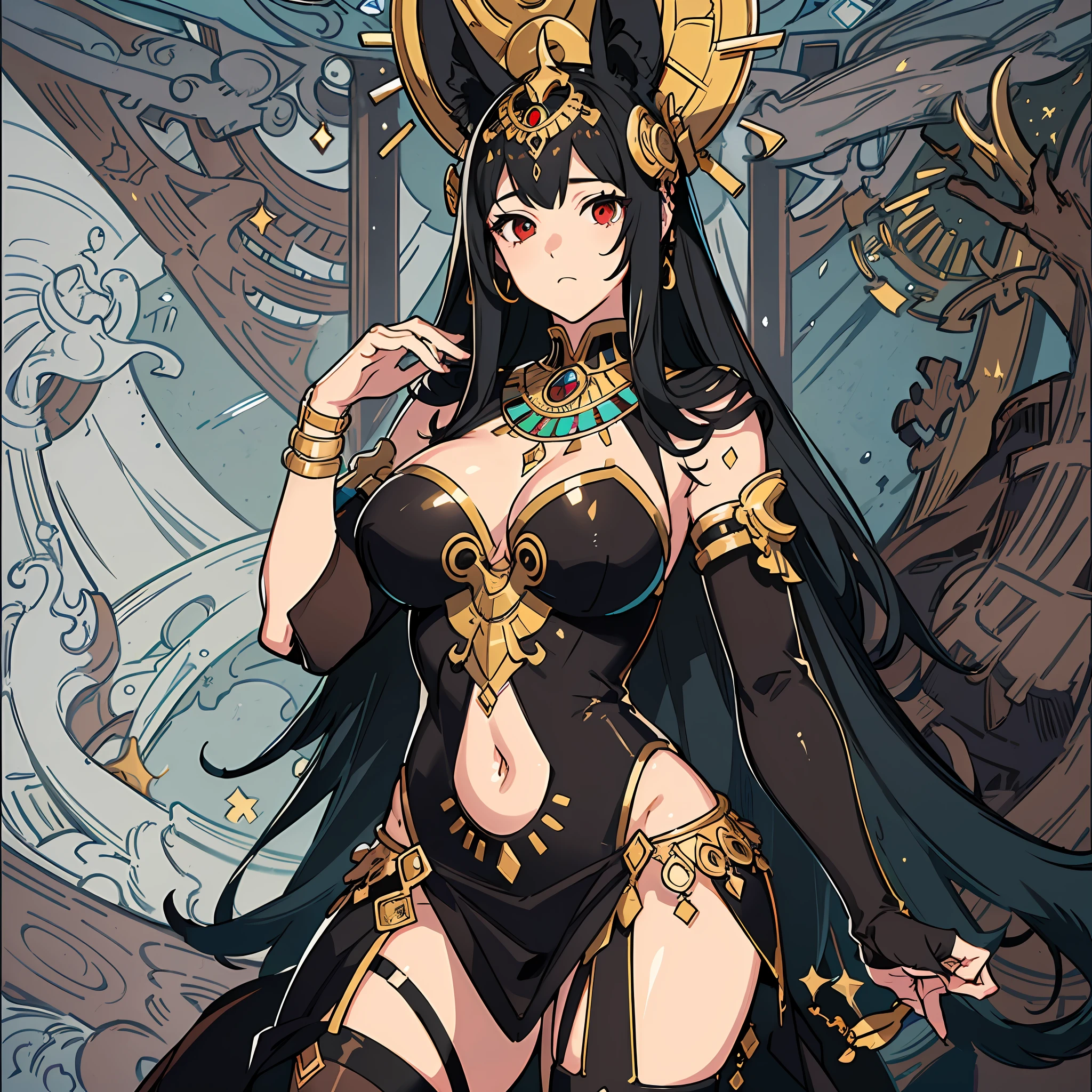 a masterpiece of,(perfect anatomia:1.4), best qualtiy, high_resolution, Fine details, highly detailed and beautiful, Distinct_image, (One girl), , A dark-haired,Red-eyed, standing split,(huge-breasted), (tits out),Curve,Full body,(Egyptian costume),(thighhigh),brownish colors,Anubis Headgear