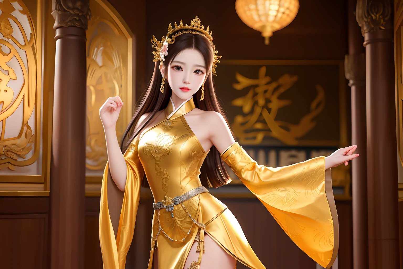 Liu Yifei, highest quality, realisticlying, RAW photos, Amazing, A detailed, 电影灯光, (Gravure photography), (Long shots), (Beautiful girl adoration), Balanced body, (full bodyesbian), Delicate hands, (anatomically correct hands) (petty face, slim, petite, slender body), (The large), (Lateral face), (nedium breasts), (immensity), (Arm exposure) (Thighs exposed) () (Guanyin Bodhisattva role-playing) (Avalokiteshvara), (BUDDHA STATUE), (14岁,a beauty girl)独奏,(Gold transparent tights),(Gold mesh stockings),(Gold garters),(Very small crown)(Gold transparent flowing robe),(Hand in hand worship on the chest),(There are gold patterns on the walls)(The walls are decorated with gold),(Golden ancient temple),(full bodyesbian,standing on your feet),(The whole body is from the front),(Pray with your palms folded),