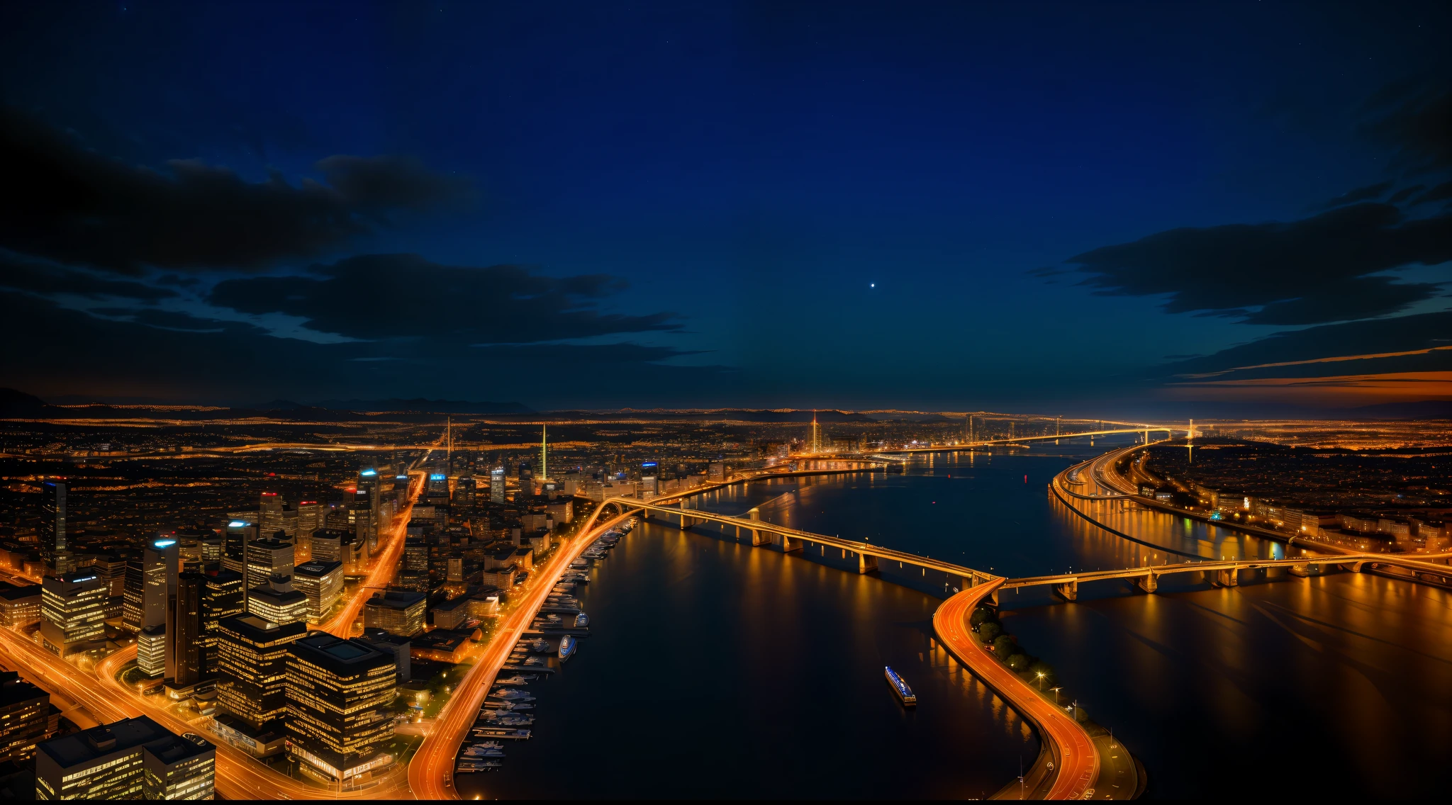 City night and amazing river views，aerial shot，Dark color