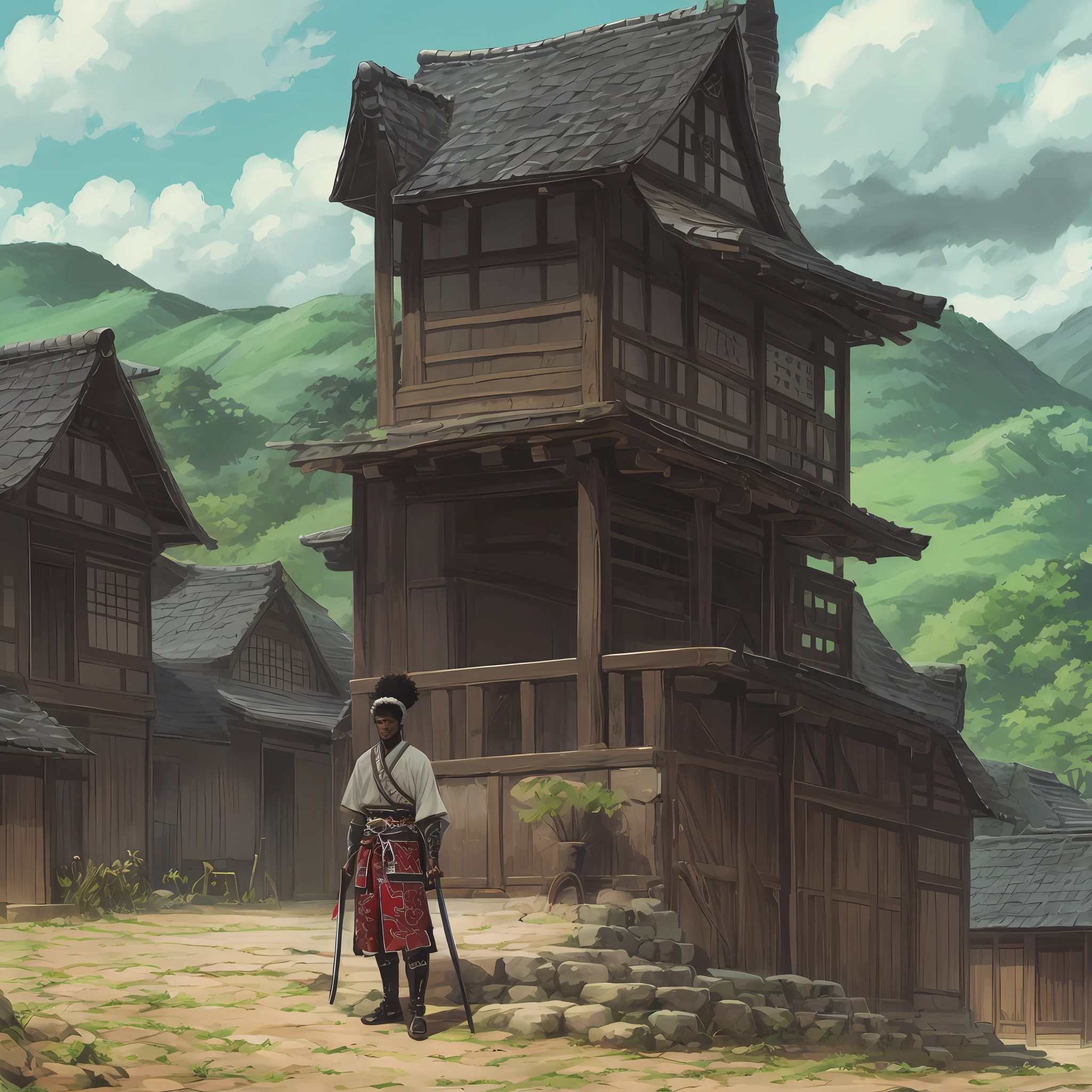 um desenho de um homem em um manto segurando uma espada, samurai com afro, samurai com afro, homem negro - --auto