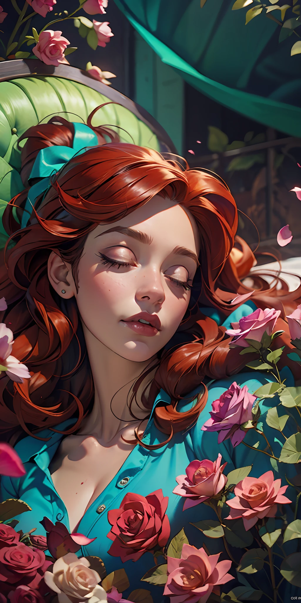 The Sleeping Woman, Realistic, She is dressed in pajamas, red hair color, parallax, Ultra Hyper Mega Contrast, sleeps on a gorgeous bed covered with rose petals, The masterpiece that won the photo contest