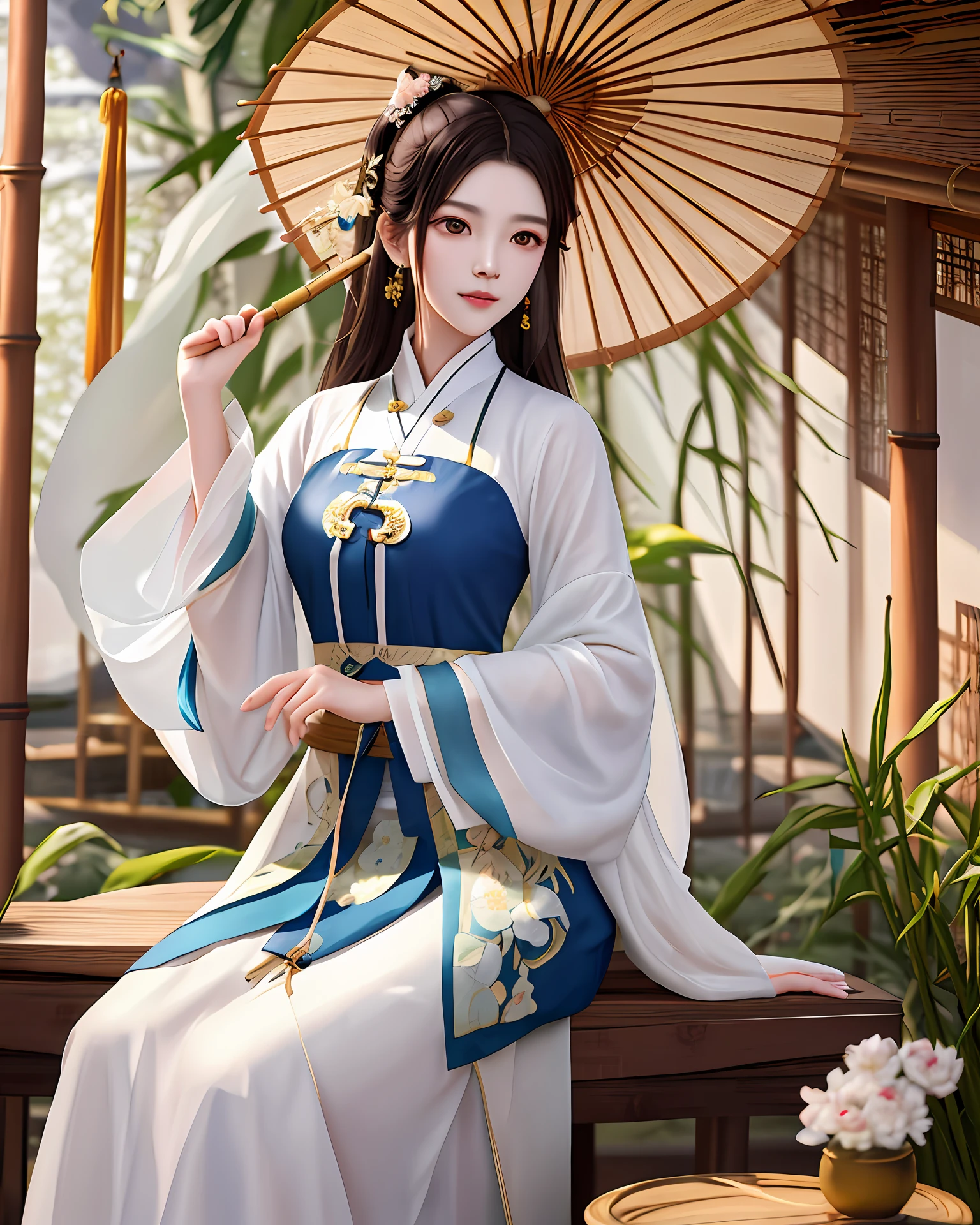 An Aalfir woman in traditional dress holds an umbrella in a bamboo building,A girl in a white Han dress,Character painting full of beauty,ONE OF THE TRENDS ON CGSTATION,A beautiful digital artwork created by Pan Chengwei on the art stage,It perfectly shows the artistic style of G Liulian,Bamboo building,full bodyesbian,Sit Pose。