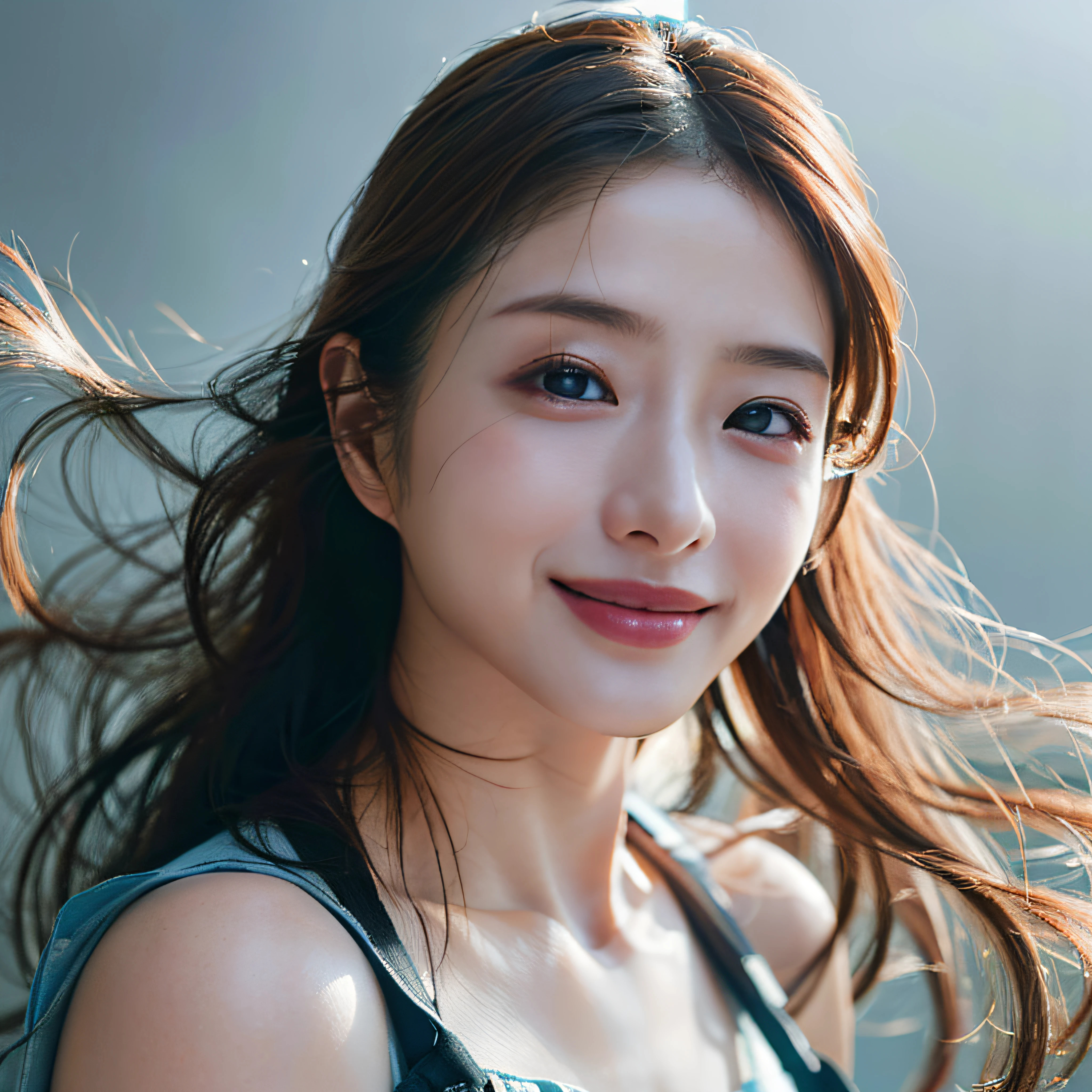 (in 8K、Raw photography、top-quality、​masterpiece:1.2)、(realisitic、Photorealsitic:1.37)、ultra-detailliert、超A high resolution、One lady、独奏、Big、fishtail、beautifull detailed face、(A smile)、raise the corners of one's mouth、Constriction、(Slim waist:1.3)、cuisine、Be clear at hand、full of sweat、pinafore、Attach nothing else、Clear eyes、precise face features、Whole human body、Slightly powdered skin texture、Feathering、(Detailed skin)、Realistic texture、Muffled light、Gradient Blending、Perfect face and proportions、Dense skin Beautiful detailed skin、Skin Texture、Floating hair、Professional Lighting、