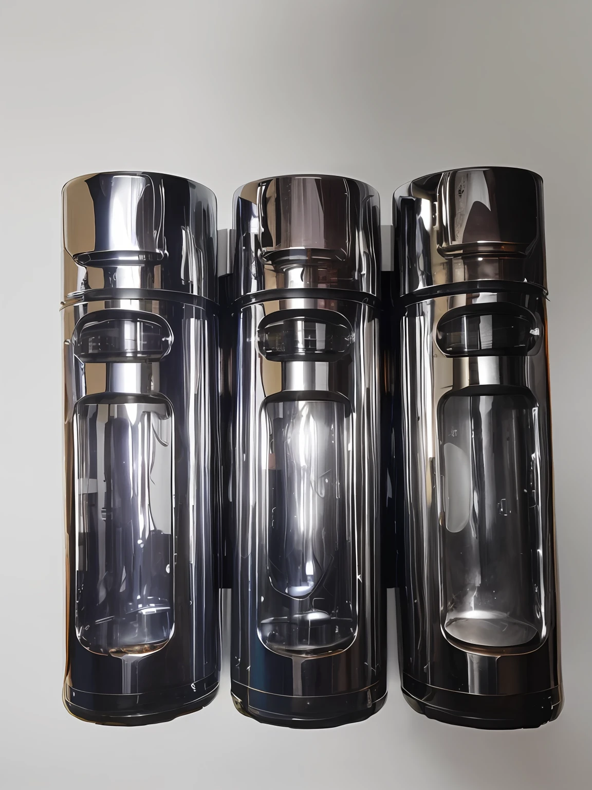 There are chrome motorcycle parts and three glass containers with silver lids made of metal,Fully illuminated vacuum tube for the body,liquid polished metal,Water bottle with large chrome tube,shiny plastic,metallic chrome。