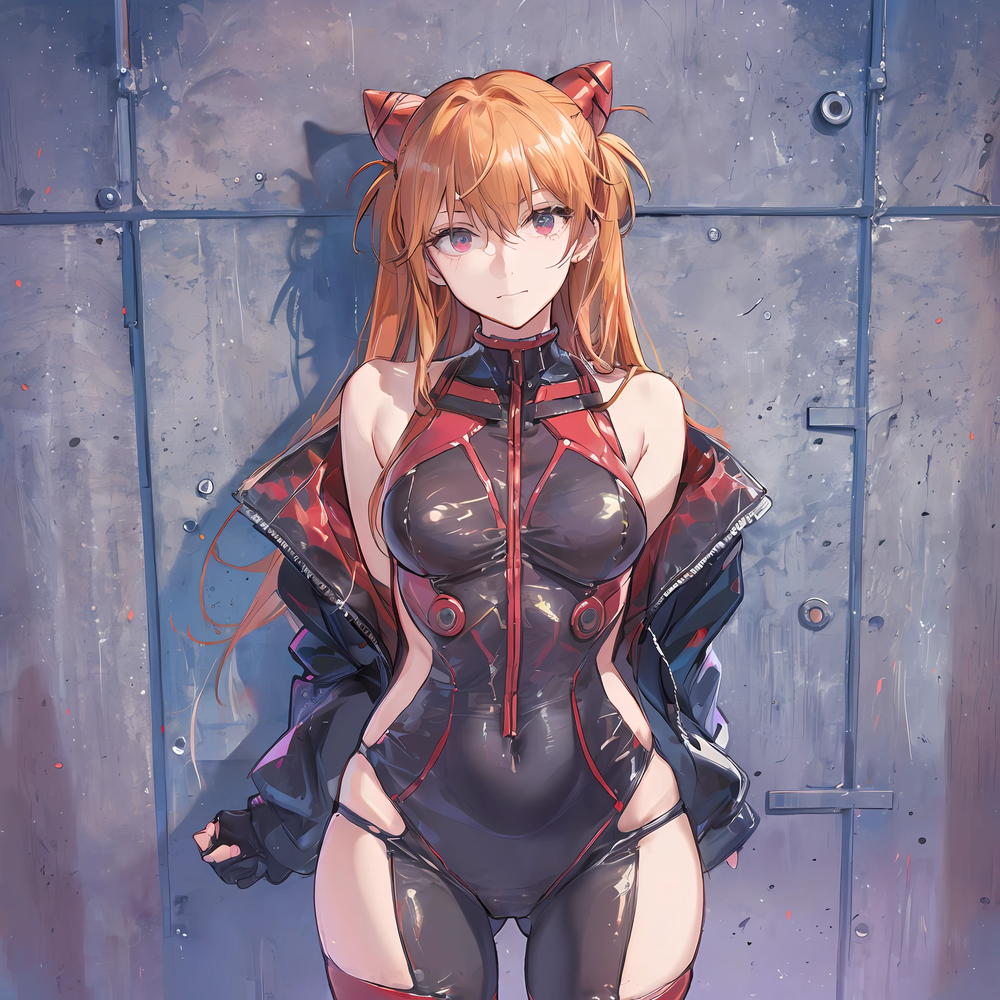 (Best Quality, 8K, 32K, masutepiece, nffsw:1.2),(1girl in),Asuka Langley Soryu,  {{{(Blue Odd Eye), (Red strange eyes)}}}, hair between eye, Headgear, Interface headset, Orange hair, Red Ribbon, bow ribbon, School uniform, Skirt, Suspender Skirt, suspenders, tokyo-3 middle school uniform, body suit, hat, Jacket, Long sleeves, Open your clothes, Open jacket, plugsuit, Red bodysuit, body suit, Long sleeves, plugsuit, Red bodysuit, Bare arms, naked waist, Bare shoulders, Blue one-piece swimsuit, 鎖骨, competition school swimsuit, highleg, high-leg swimsuit, onepiece swimsuit, School Swimsuit, Swimsuit, thighs thighs thighs thighs