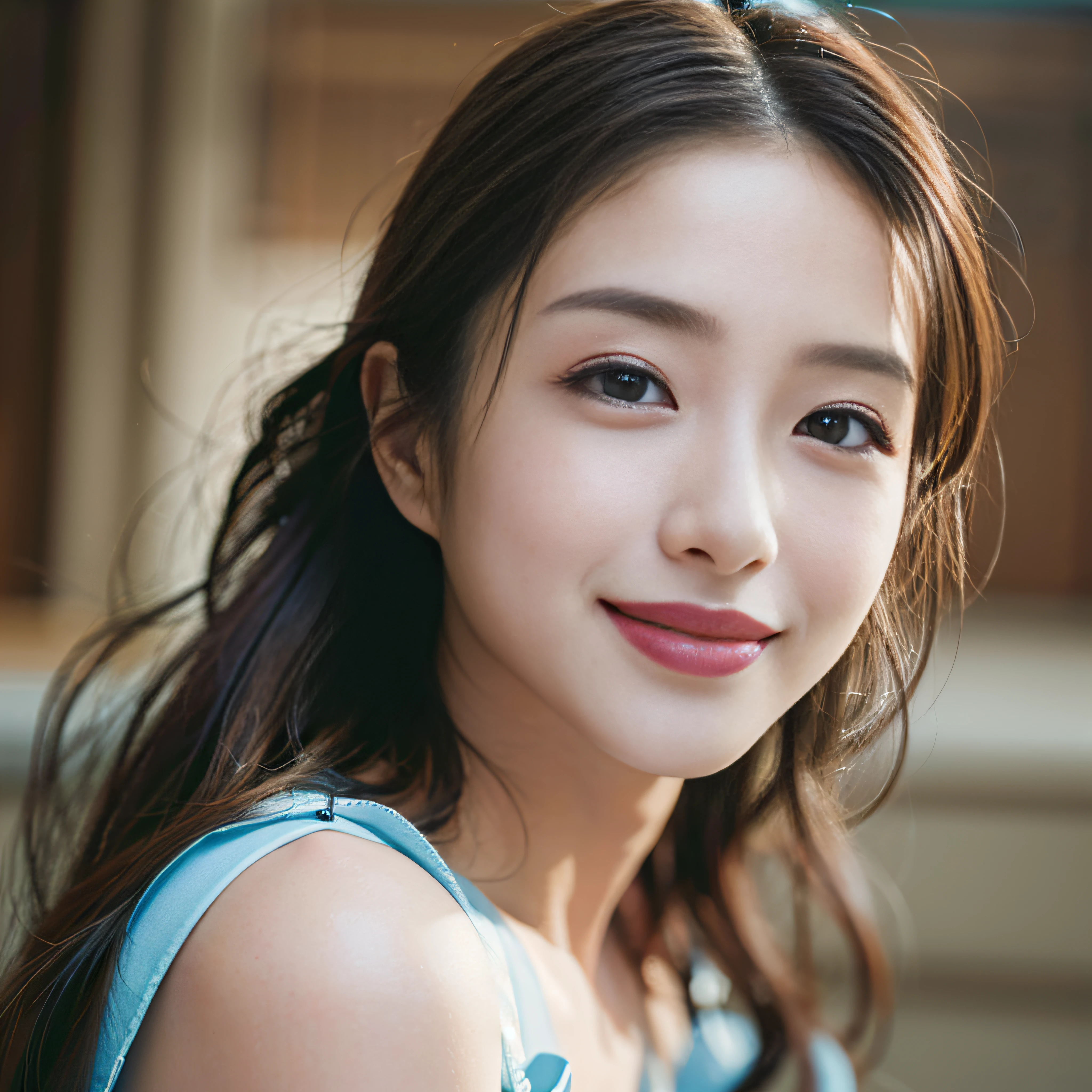 (in 8K、Raw photography、top-quality、masterpiece:1.2)、(realisitic、Photorealsitic:1.37)、ultra-detailliert、超A high resolution、One lady、独奏、Big、fishtail、beautifull detailed face、(A smile)、raise the corners of one's mouth、Constriction、(Slim waist:1.3)、cuisine、Be clear at hand、full of sweat、pinafore、Attach nothing else、Clear eyes、precise face features、Whole human body、Slightly powdered skin texture、Feathering、(Detailed skin)、Realistic texture、Muffled light、Gradient Blending、Perfect face and proportions、Dense skin Beautiful detailed skin、Skin Texture、Floating hair、Professional Lighting、