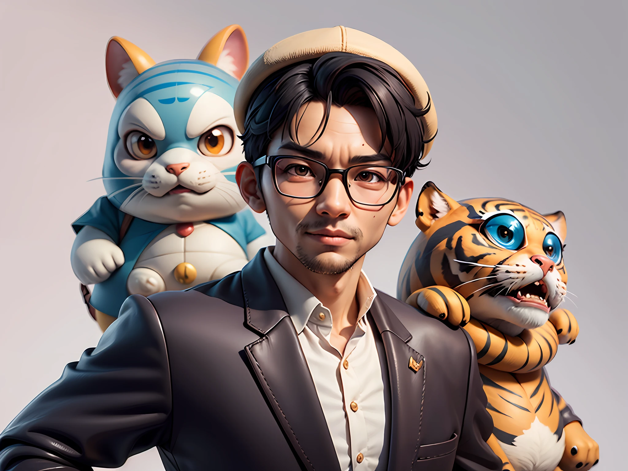 Young man with oriental face in leather hat, tiger, oriental face in formal suit, short black hair, silver glasses, digital painting, 3D character design by Mark Clairedon and Pixar and Hayao Miyazaki and Akira Toriyama, the illustration is a high-definition illustration in 4K resolution with very detailed features and cartoon-style visuals.