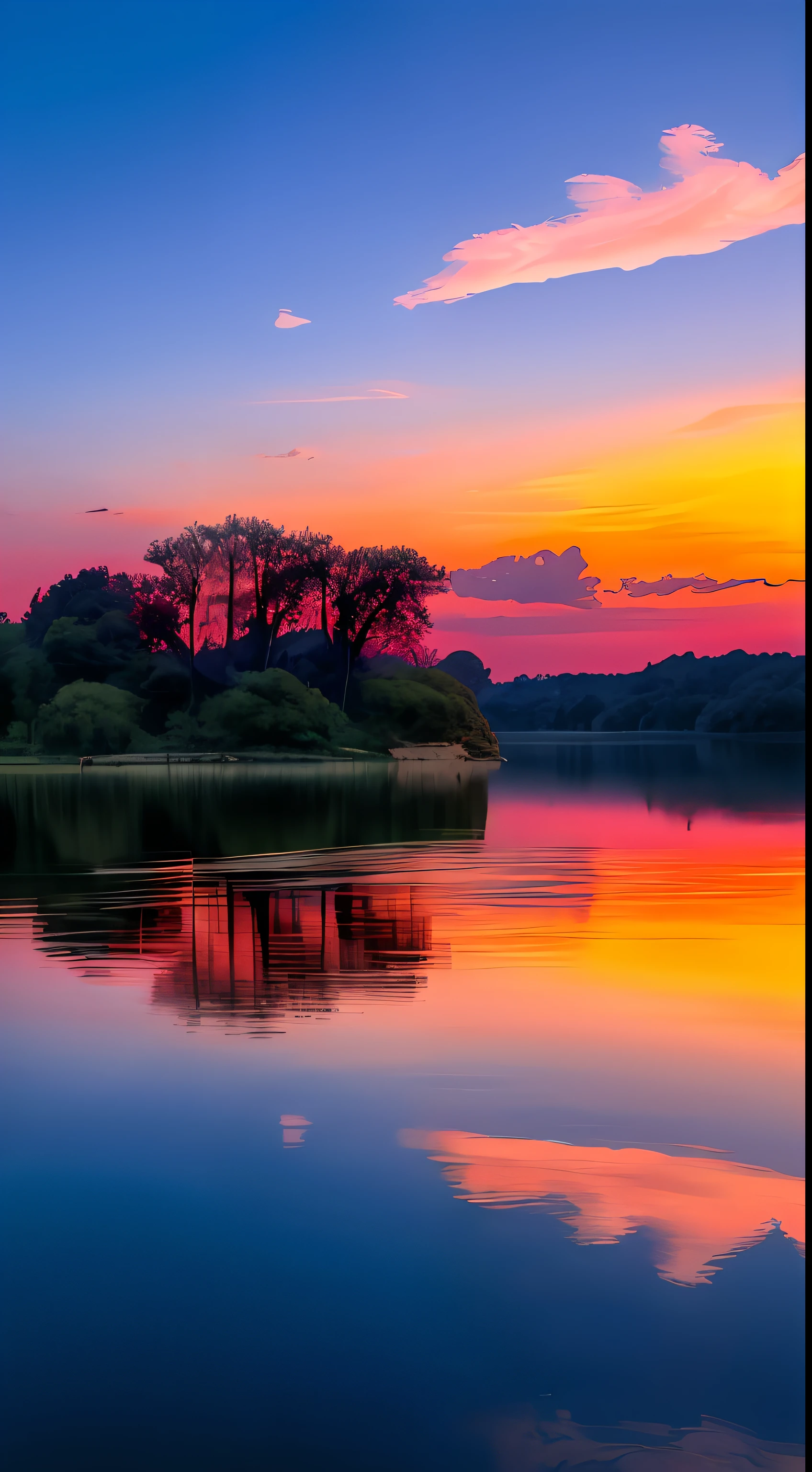 Beautiful view of the lake at dusk,Colorful sky and clouds,The surreal colors are stunning。The lake reflects the colorful sky,Fantastic 8K atmosphere,Reflects a reddish-blue flame,It constitutes a beautiful and spectacular sight。ao mesmo tempo,There are also beautiful sky reflections and amazing dreamy landscapes,and beautiful colors reflected on the surface of the water。